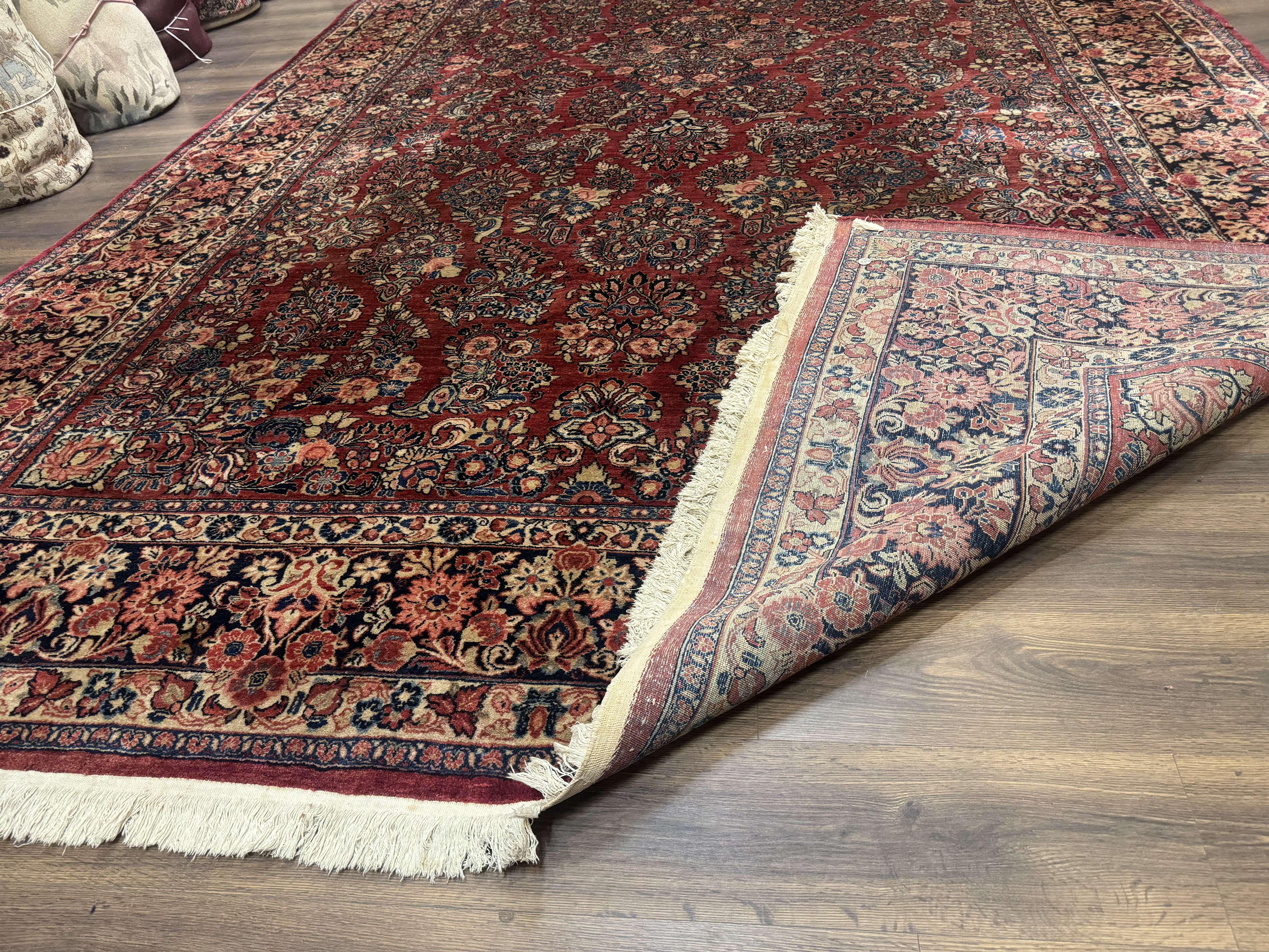 Large Persian Sarouk Rug 10x17, Palace Size Antique Persian Carpet, Red, Floral Allover, Traditional Persian Rug, Oversize Handmade Wool Rug