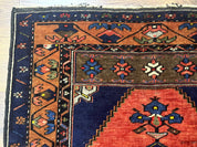 Persian Rug 3x6, Geometric Medallion, Village Tribal Rug, Terracotta and Navy Blue, Antique Nahavand Hamadan Rug