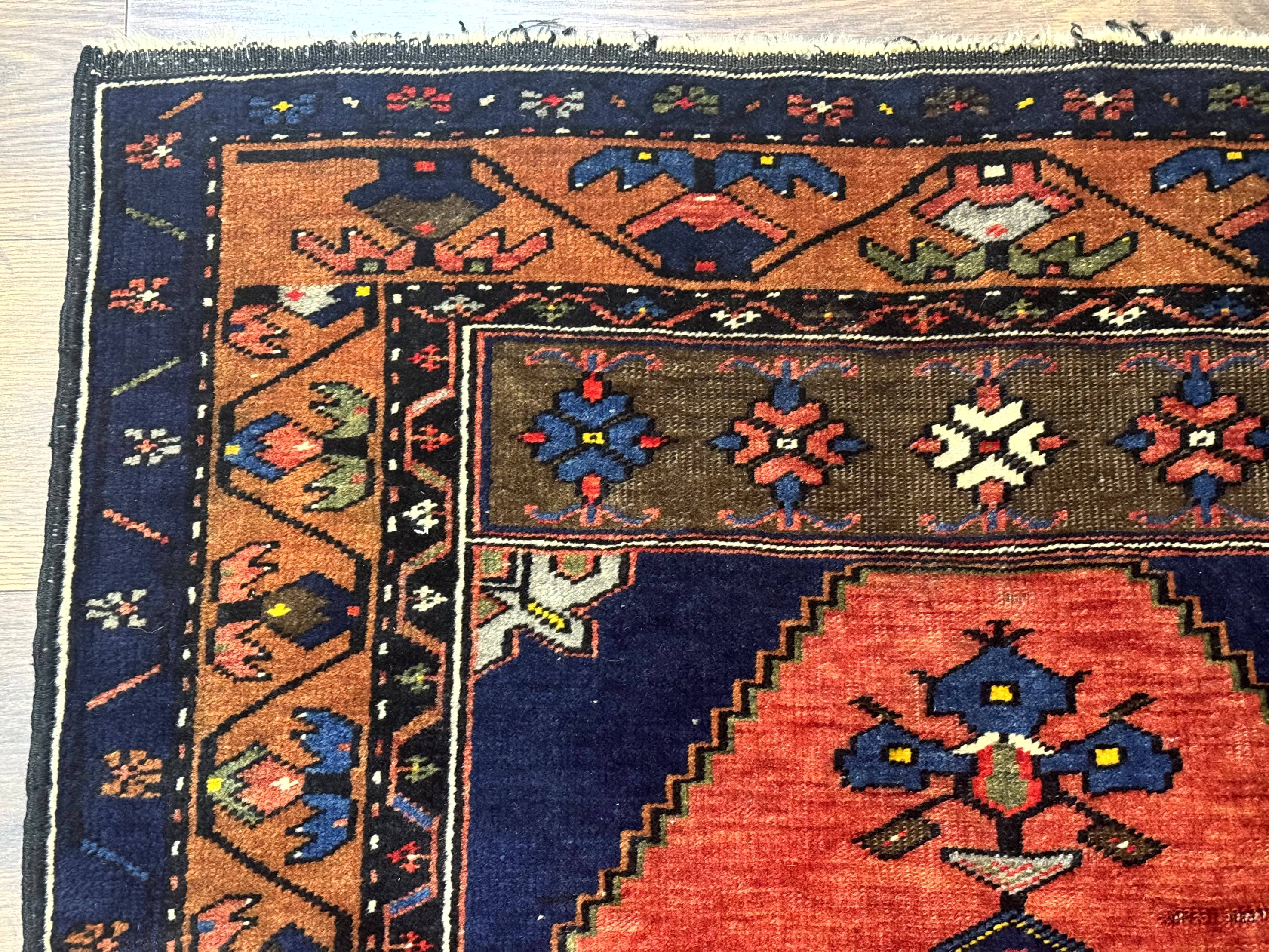 Persian Rug 3x6, Geometric Medallion, Village Tribal Rug, Terracotta and Navy Blue, Antique Nahavand Hamadan Rug