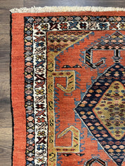 Rare Persian Tribal Runner Rug 3 x 11, Sarab Serab Persian Runner, Antique 1920s Collectible Geometric Medallions Oriental Wool Runner, Hand Knotted, Bright Orange-Red