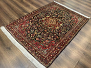 Antique Persian Sarouk Rug 4x5, Dark Blue and Red, Floral Medallion, Fine