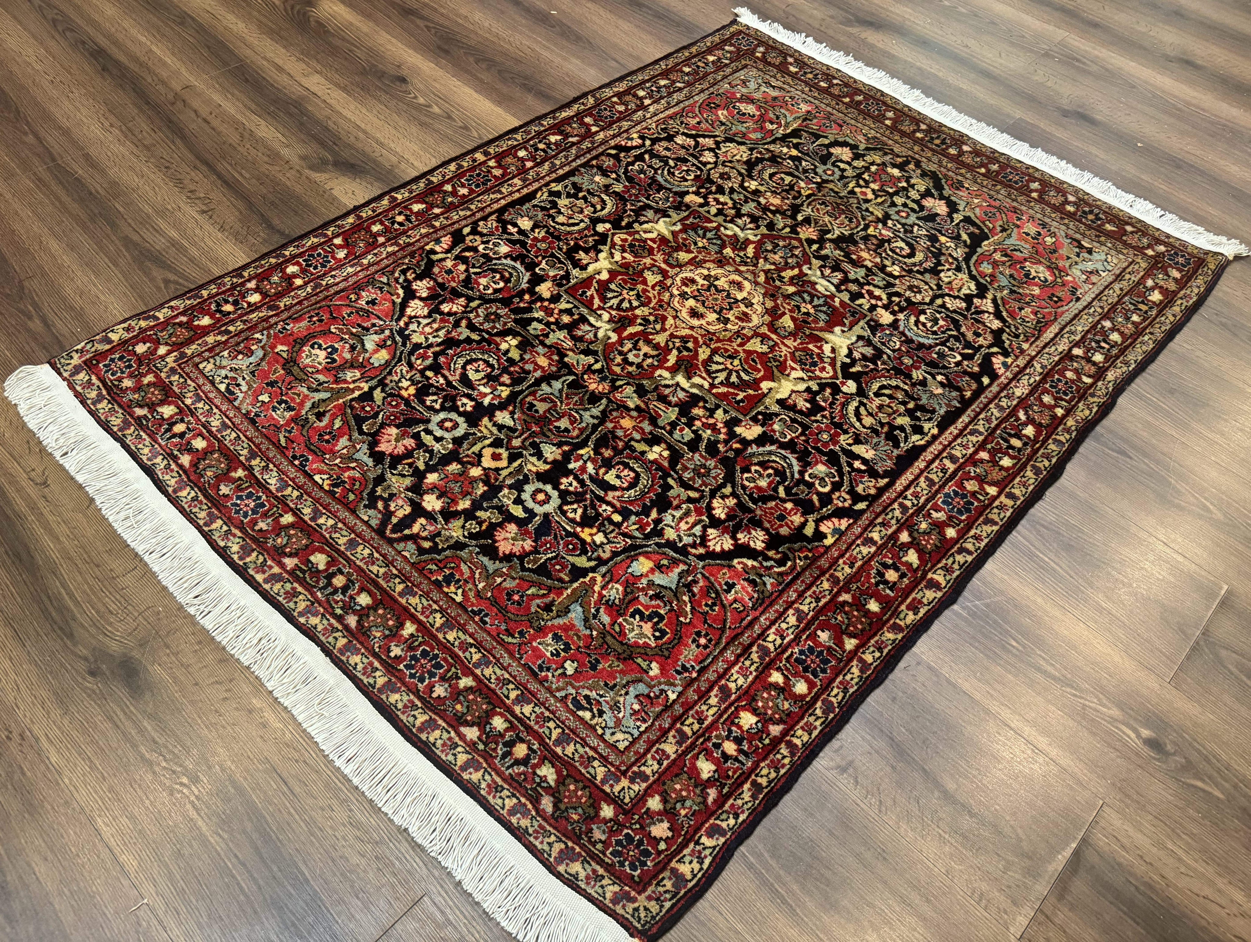 Antique Persian Sarouk Rug 4x5, Dark Blue and Red, Floral Medallion, Fine