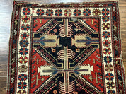 Antique Shirvan Caucasian Rug 3x5, Geometric Pattern, Red Navy Blue Beige