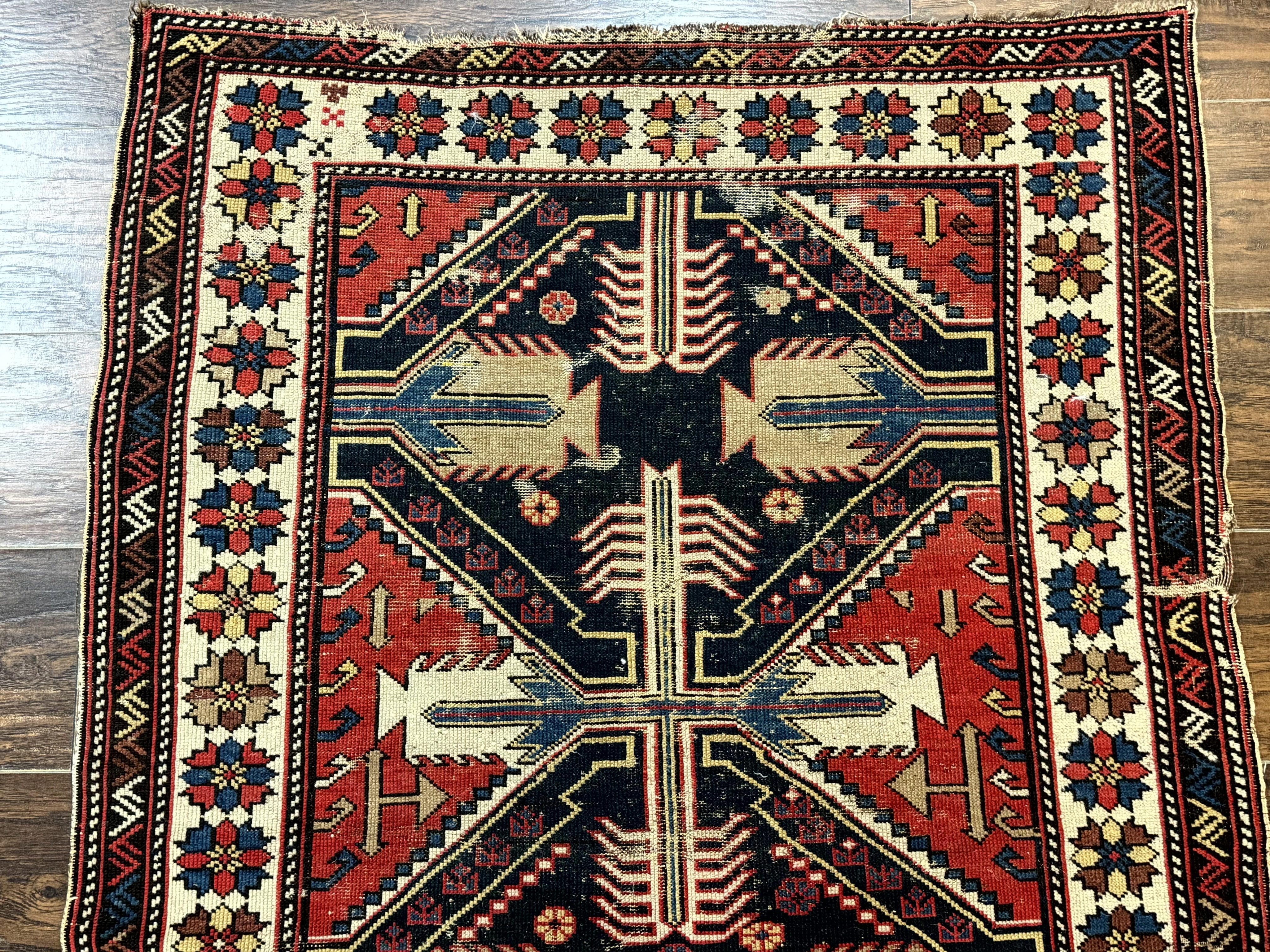 Antique Shirvan Caucasian Rug 3x5, Geometric Pattern, Red Navy Blue Beige