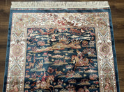Turkish Silk Hunting Design Rug 4x6, Dark Steel Blue & Ivory, Bamboo Silk, New