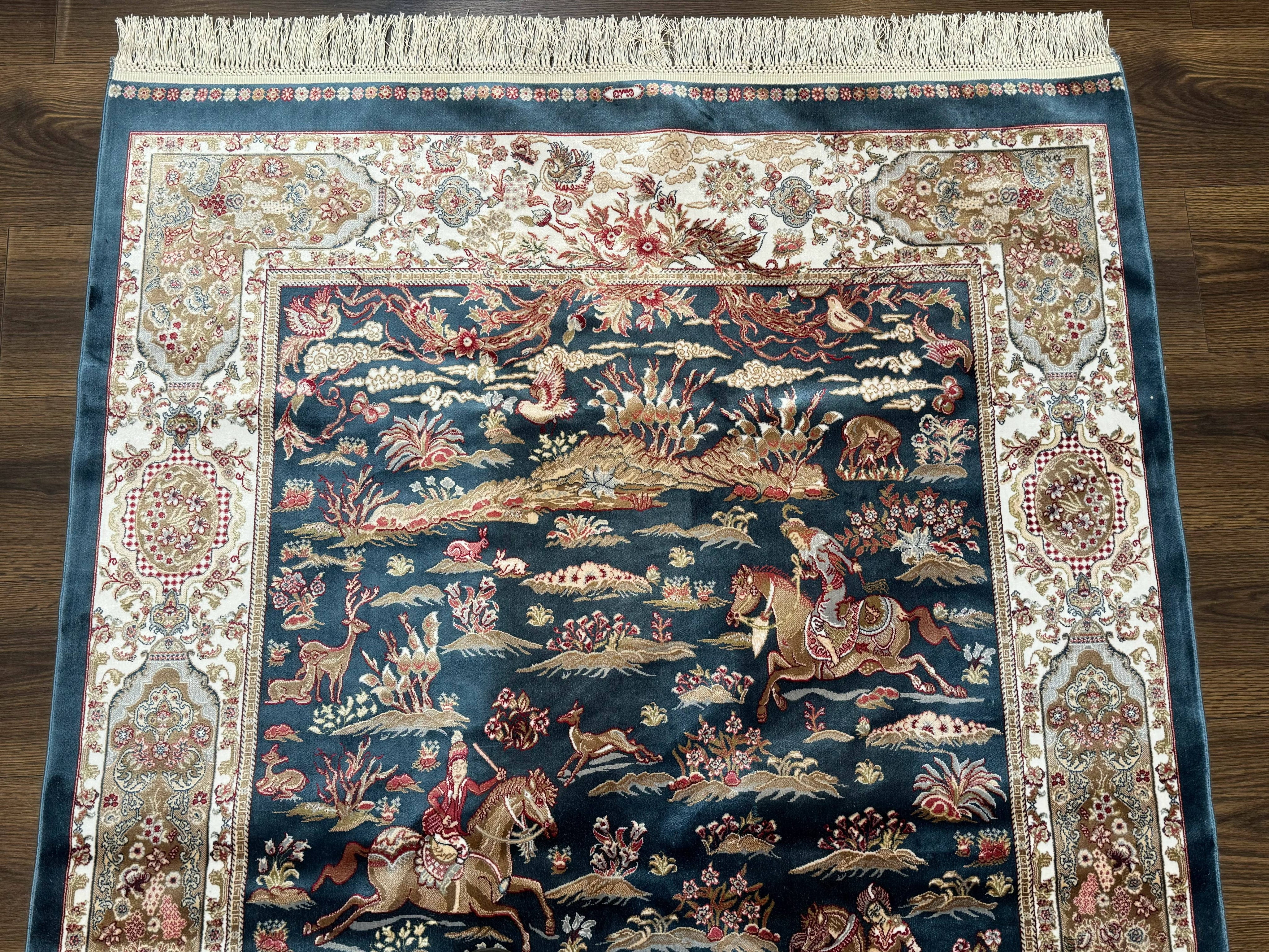 Turkish Silk Hunting Design Rug 4x6, Dark Steel Blue & Ivory, Bamboo Silk, New