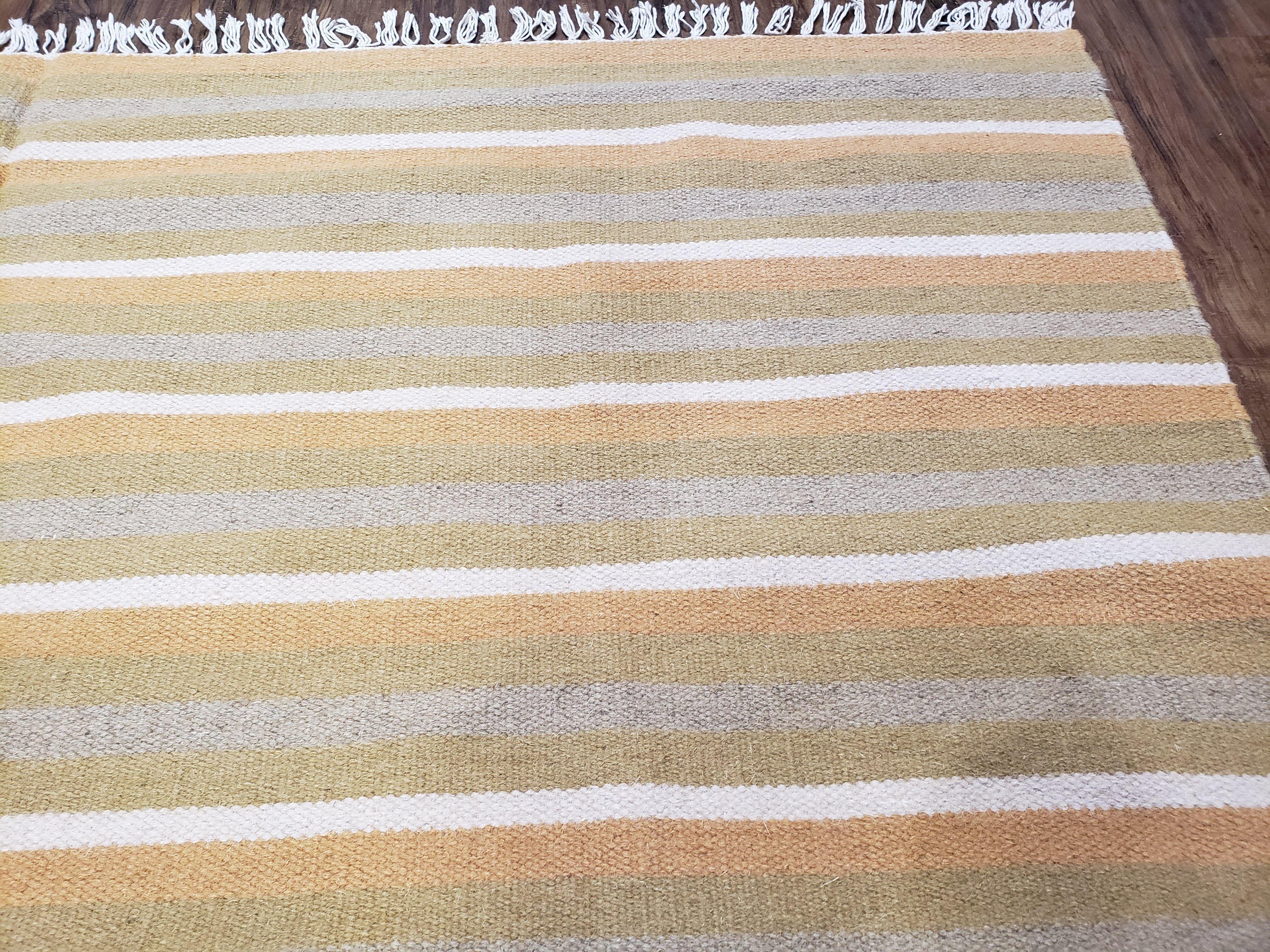 New Indian Kilim Area Rug, 6x8 - 7x8 South American Style Blanket, Striped Indian Wool Hand-Woven Flat Weave 6x9 Bedroom Rug, Ivory Ochre