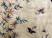 Antique Chinese Oval Rug 3.9 x 6.7, Floral, Butterflies, Chinese Wool Art Deco Peking Carpet, Beige, Handmade