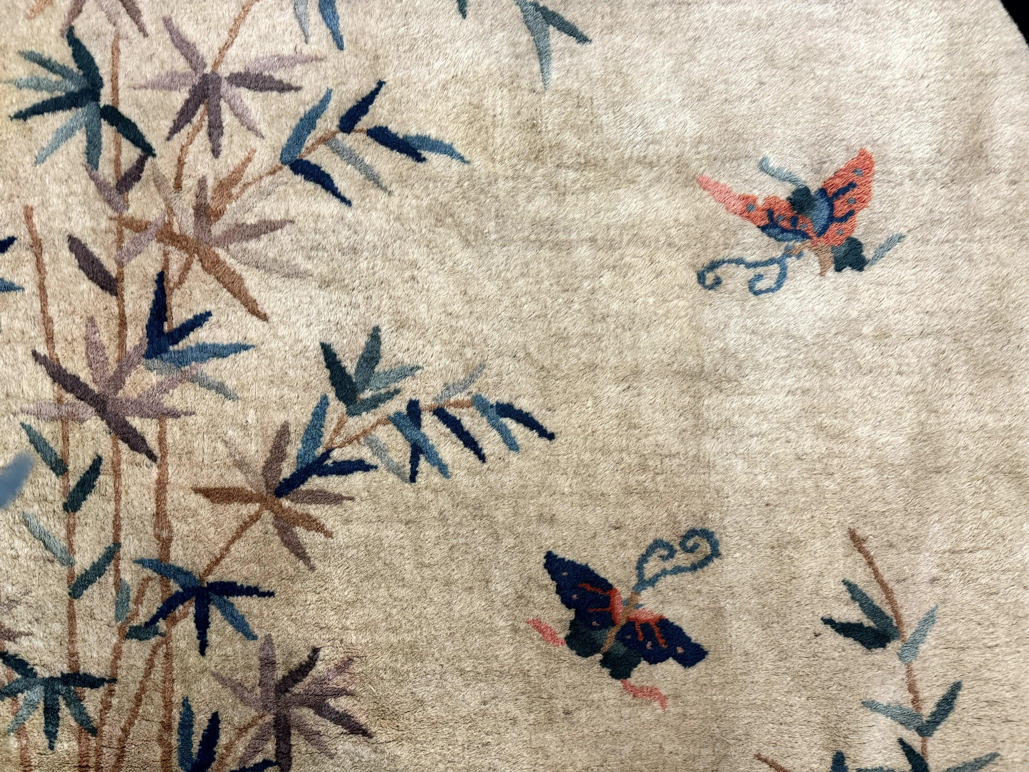 Antique Chinese Oval Rug 3.9 x 6.7, Floral, Butterflies, Chinese Wool Art Deco Peking Carpet, Beige, Handmade