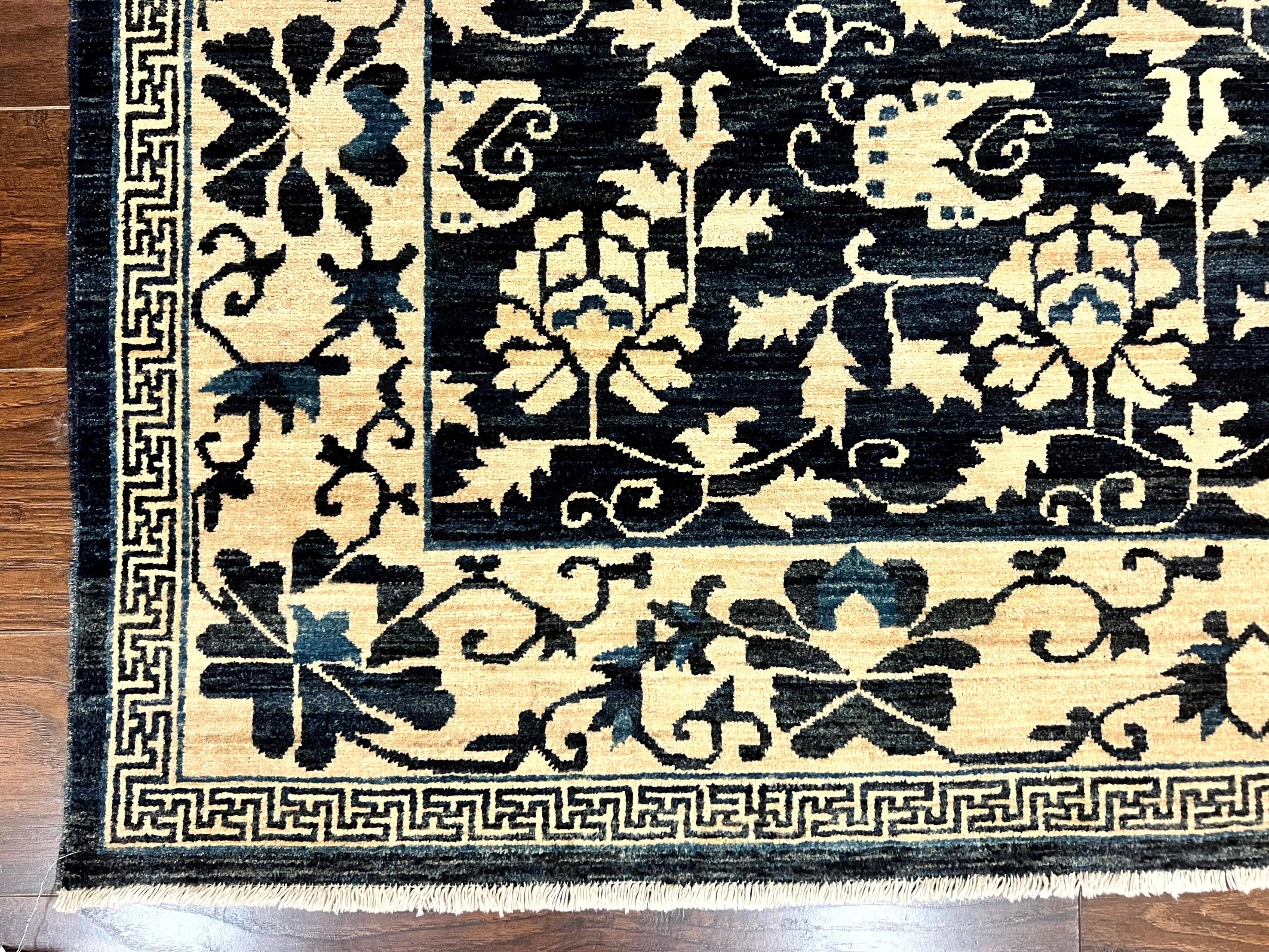 Sino Persian Rug 6x9, Hand Knotted Wool Carpet, Floral Allover, Blue Cream-Tan