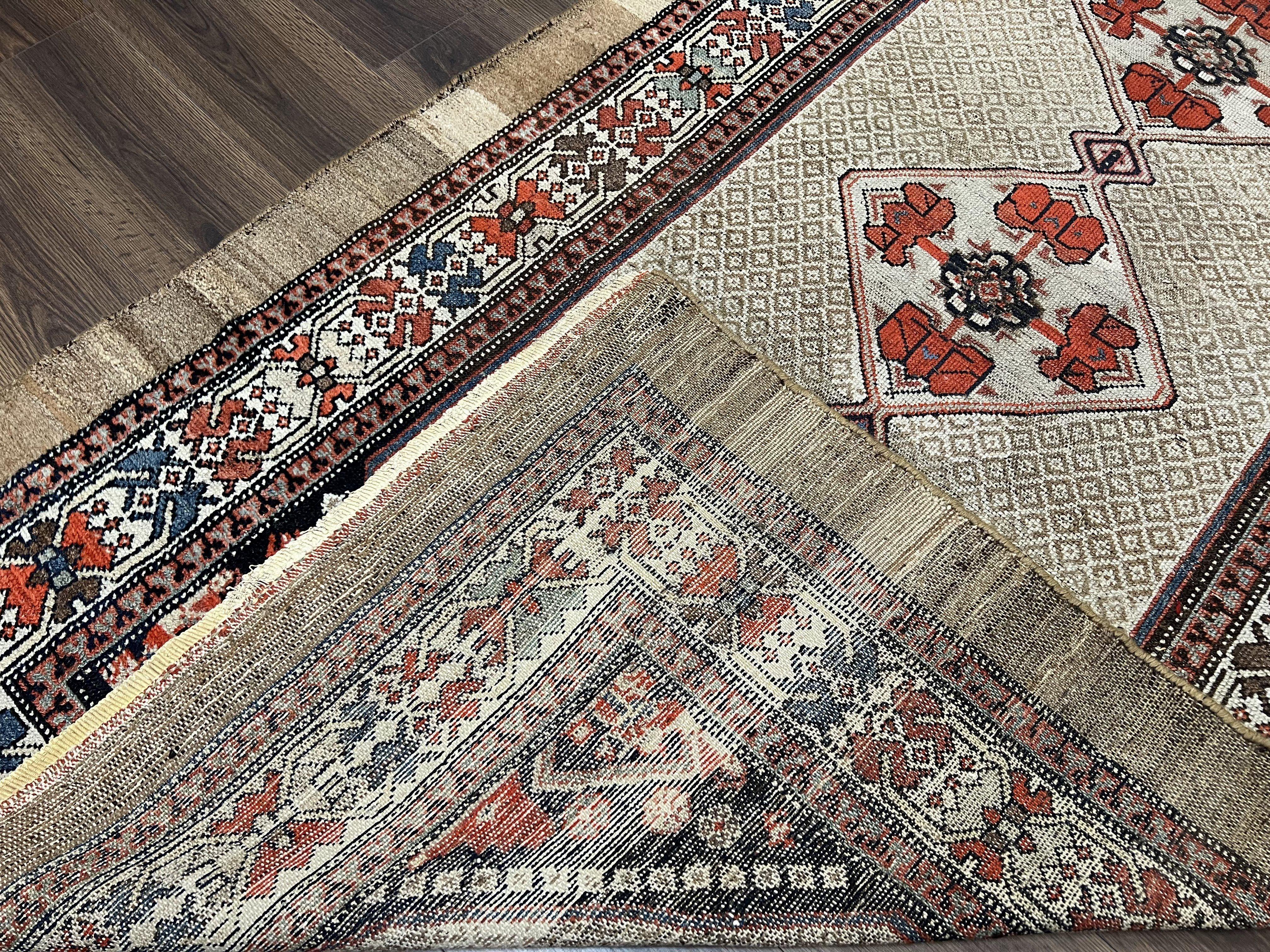 Rare Persian Sarab Tribal Runner Rug 4 x 10, Antique, Geometric Medallions, Camel Hair Runner