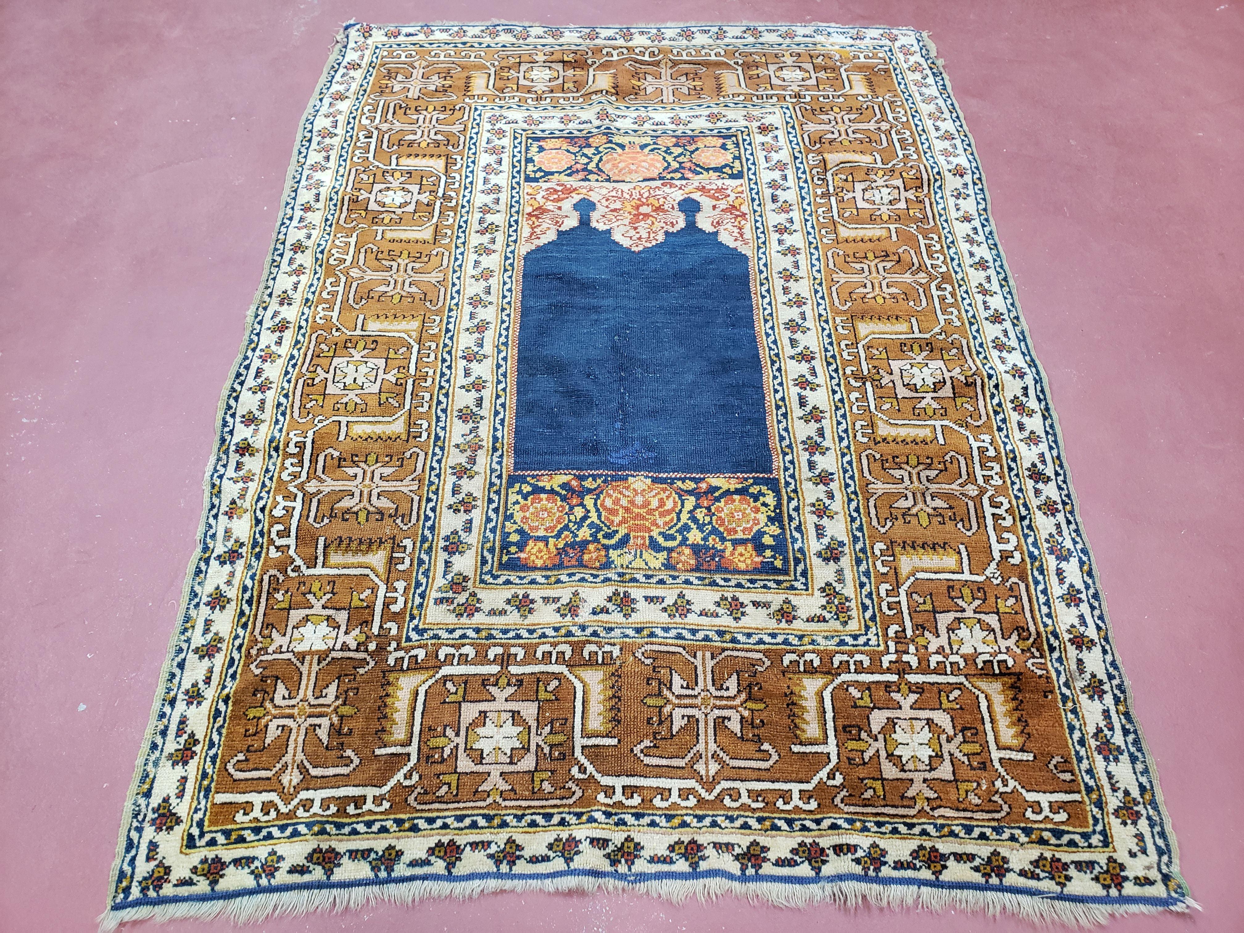Antique Turkish Anatolian Ghiordes Prayer Rug, Twin Mihrabs, Rare Collectible Oriental Rug, Early 20th Century Prayer Rug, 3'9" x 5'2"