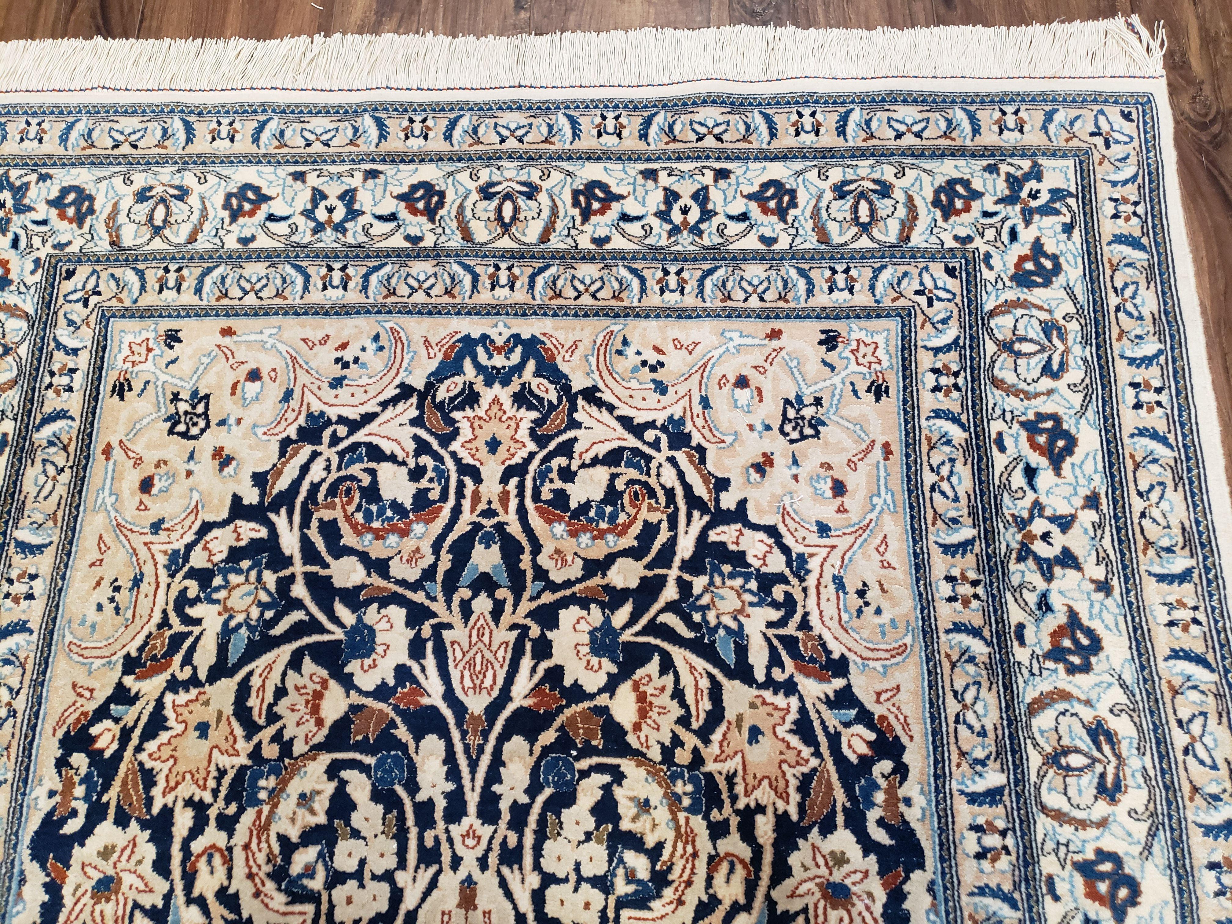 Semi Antique Fine Persian Nain Rug, Ivory & Blue, Wool with Silk Accents, 3'9" x 6'2"