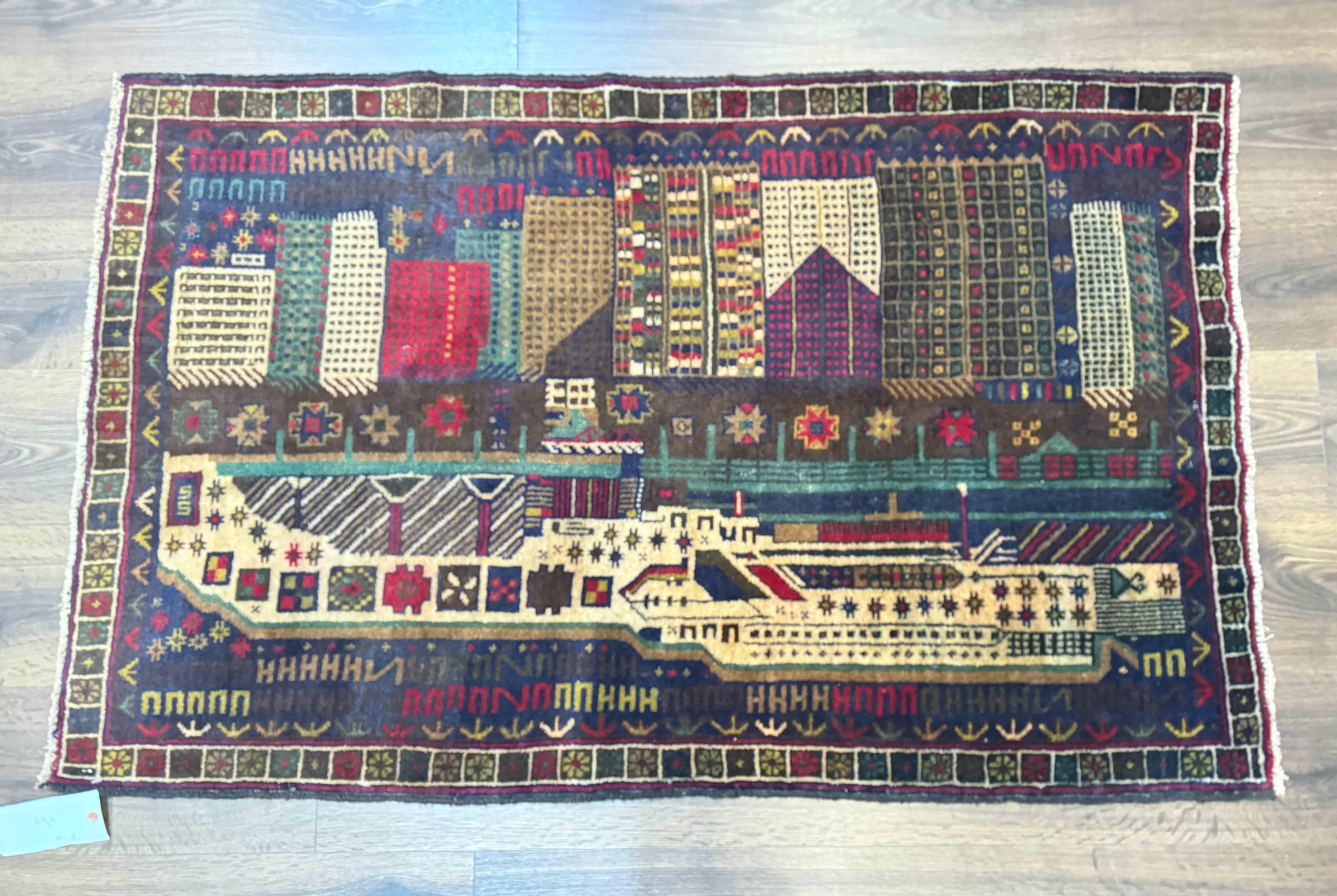 Balouch Rug 3x5, Afghan Carpet, City Pictorial
