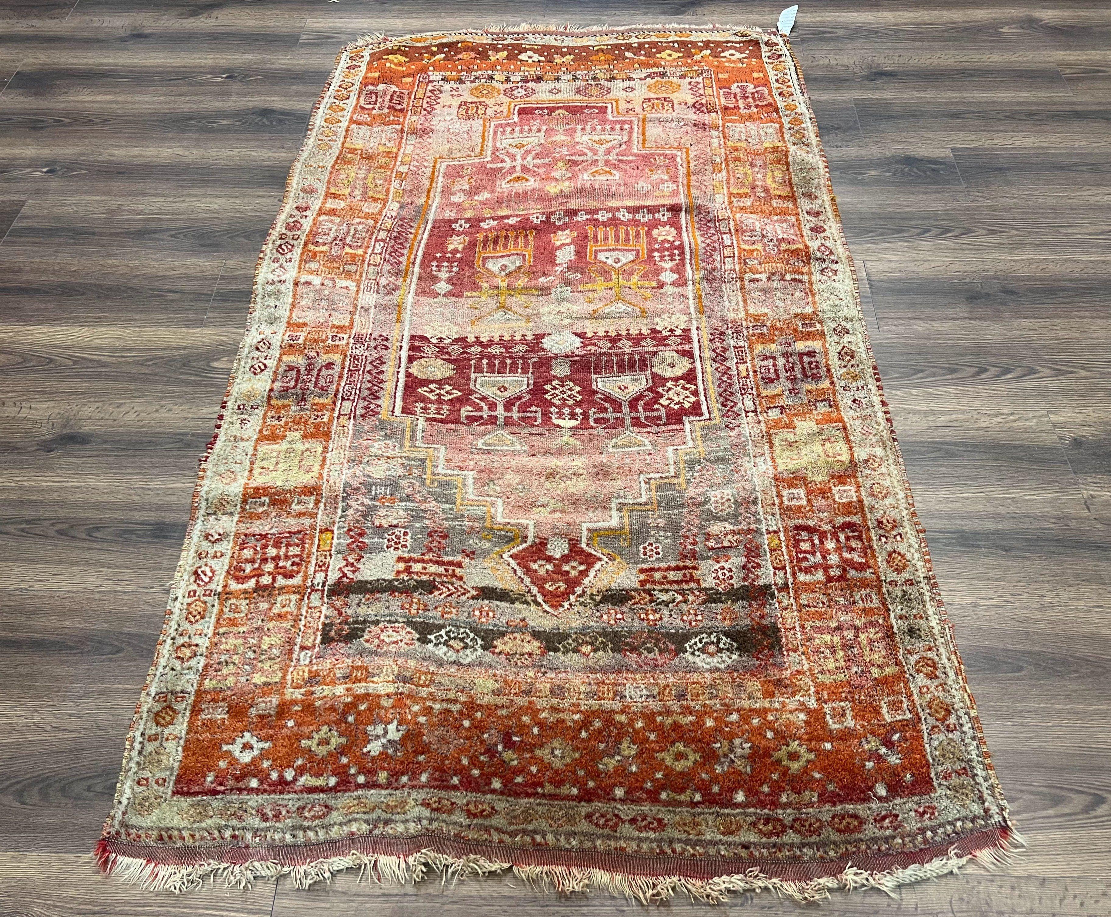 Antique Turkish Melas Rug 4x7, Tribal Geometric Unique Collectible Hand Knotted Wool Oriental Carpet, Rare 1920s Rug, Burnt Orange Red