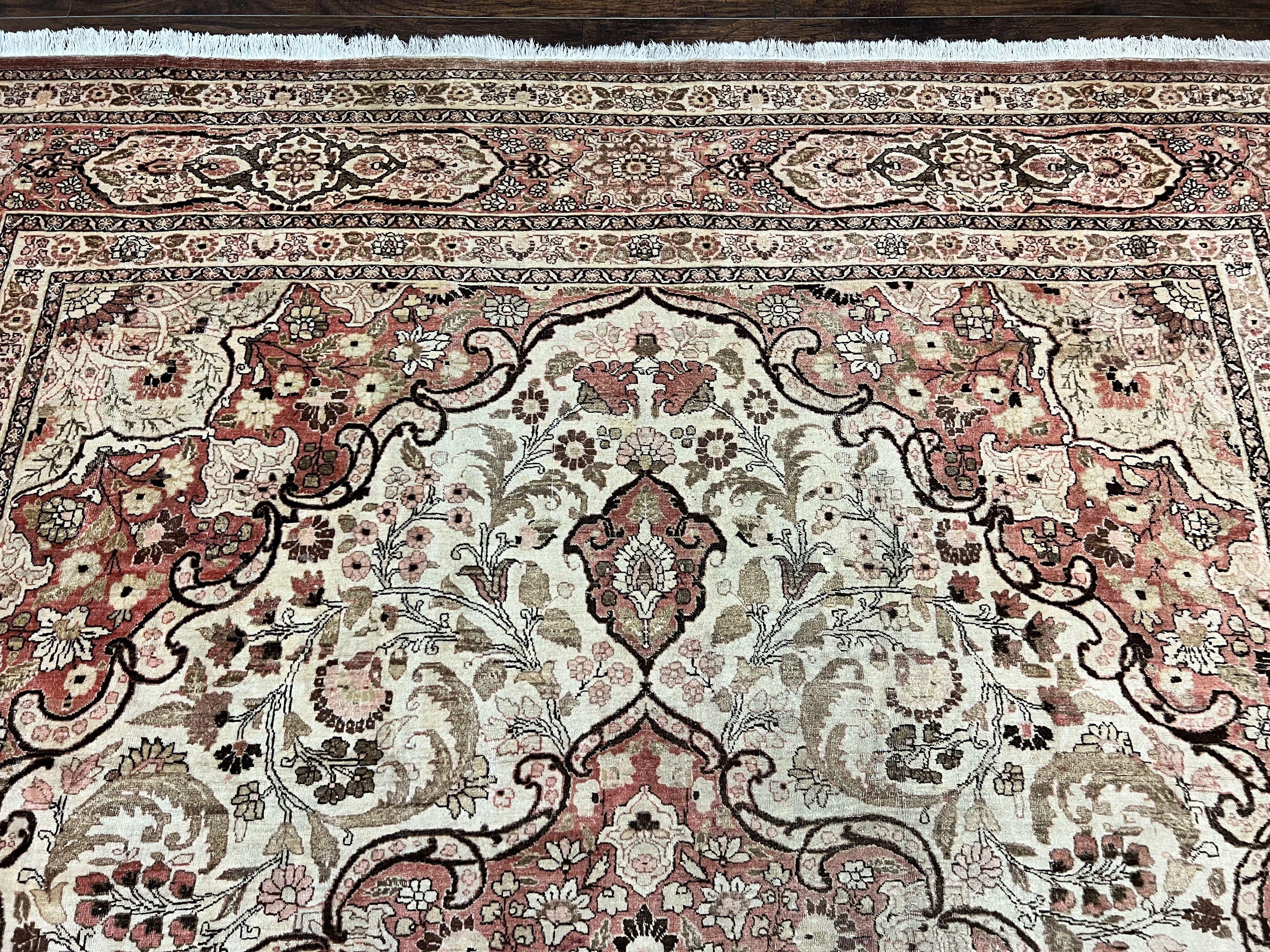 Antique Persian Tabriz Rug 10x12, Wool Hand Knotted Oriental Carpet, Beige Light Red, Floral Medallion