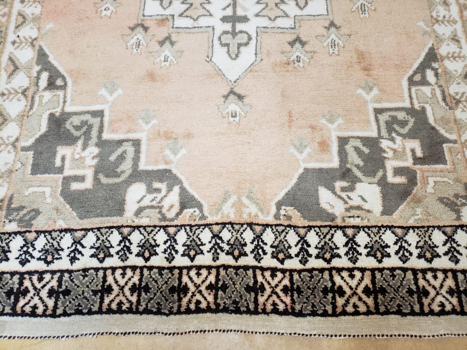 Antique Moroccan Rug 5x7 Tribal Carpet, Hand-Knotted Soft Wool Pile, 5 x 7 Area Rug, Berber Rug, Geometric Open Field Medallion, Pink Ivory