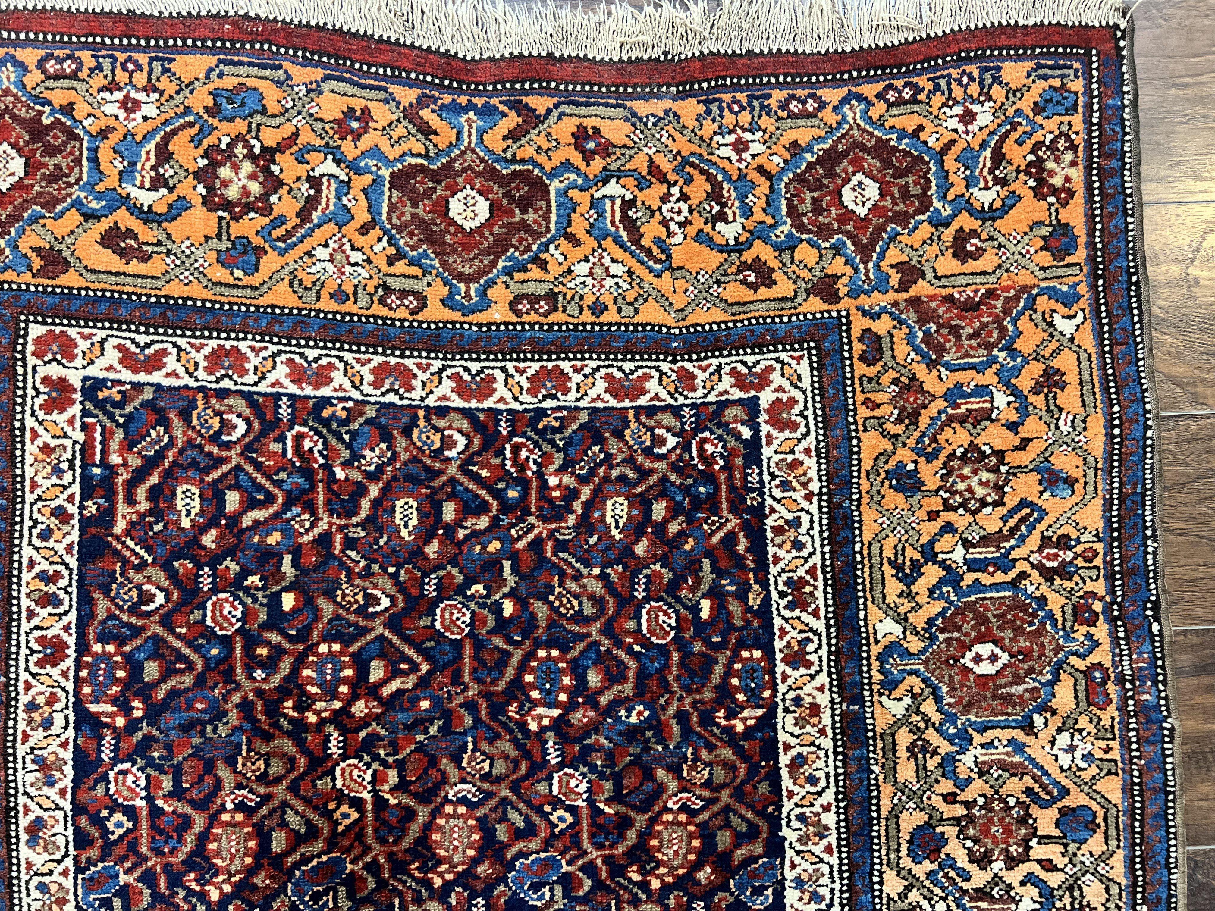 Persian Senneh Rug 4x8, Wool Hand Knotted Antique Kurdish Carpet, Navy Blue Oriental Area Rug, 4 x 8 Rug