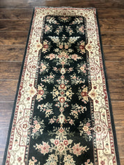 Long Pak Persian Runner Rug 2.7 x 21, Floral Allover, Dark Green and Beige, Handmade Wool Runner Rug, 21ft Runner for Hallway