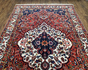 Semi Antique Persian Bakhtiari Rug, Hand-Knotted, Wool, Red, Midnight Blue, Ivory, Floral Medallion, 5'1" x 8' 6"