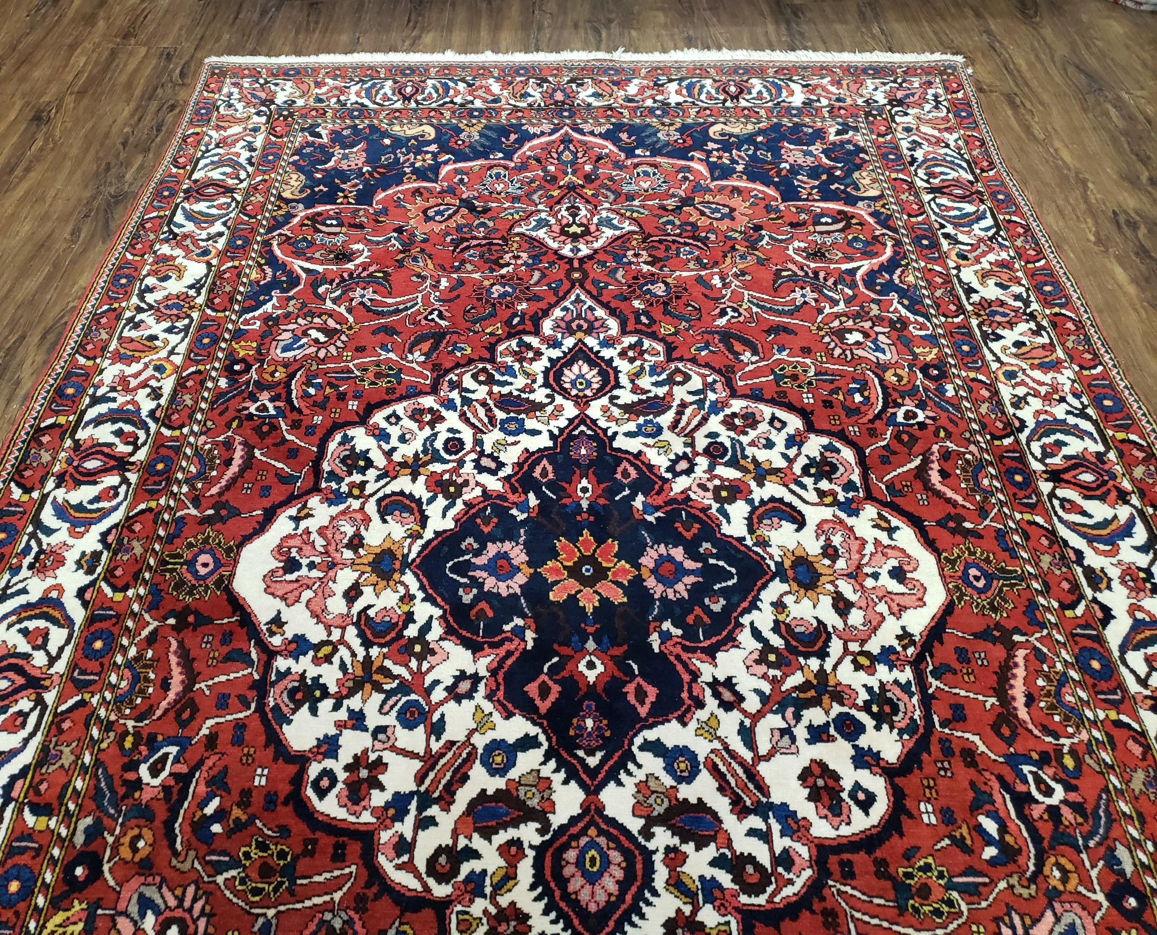 Semi Antique Persian Bakhtiari Rug, Hand-Knotted, Wool, Red, Midnight Blue, Ivory, Floral Medallion, 5'1" x 8' 6"