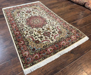 Fine Persian Tabriz Rug 3x5, Floral Medallion, 340 KPSI, Ivory Salmon