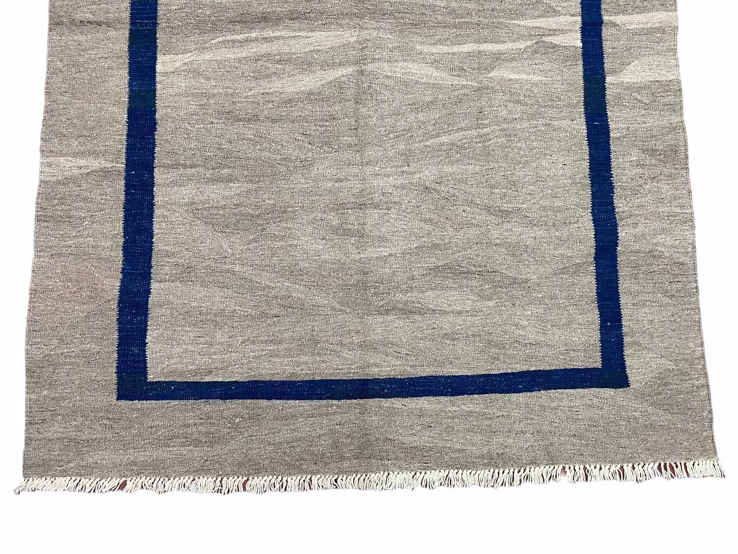 Geometric Turkish Kilim Rug 5' 7" x 7' 9", Flatweave Carpet, Minimal Design, Anatolian Carpet, Gray, Geometric, Dark Blue, Hand-Knotted, New