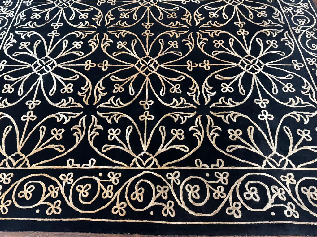 Tibetan Rug 8x10, Wool and Silk, Raised Pattern, Black and Gold, Floral