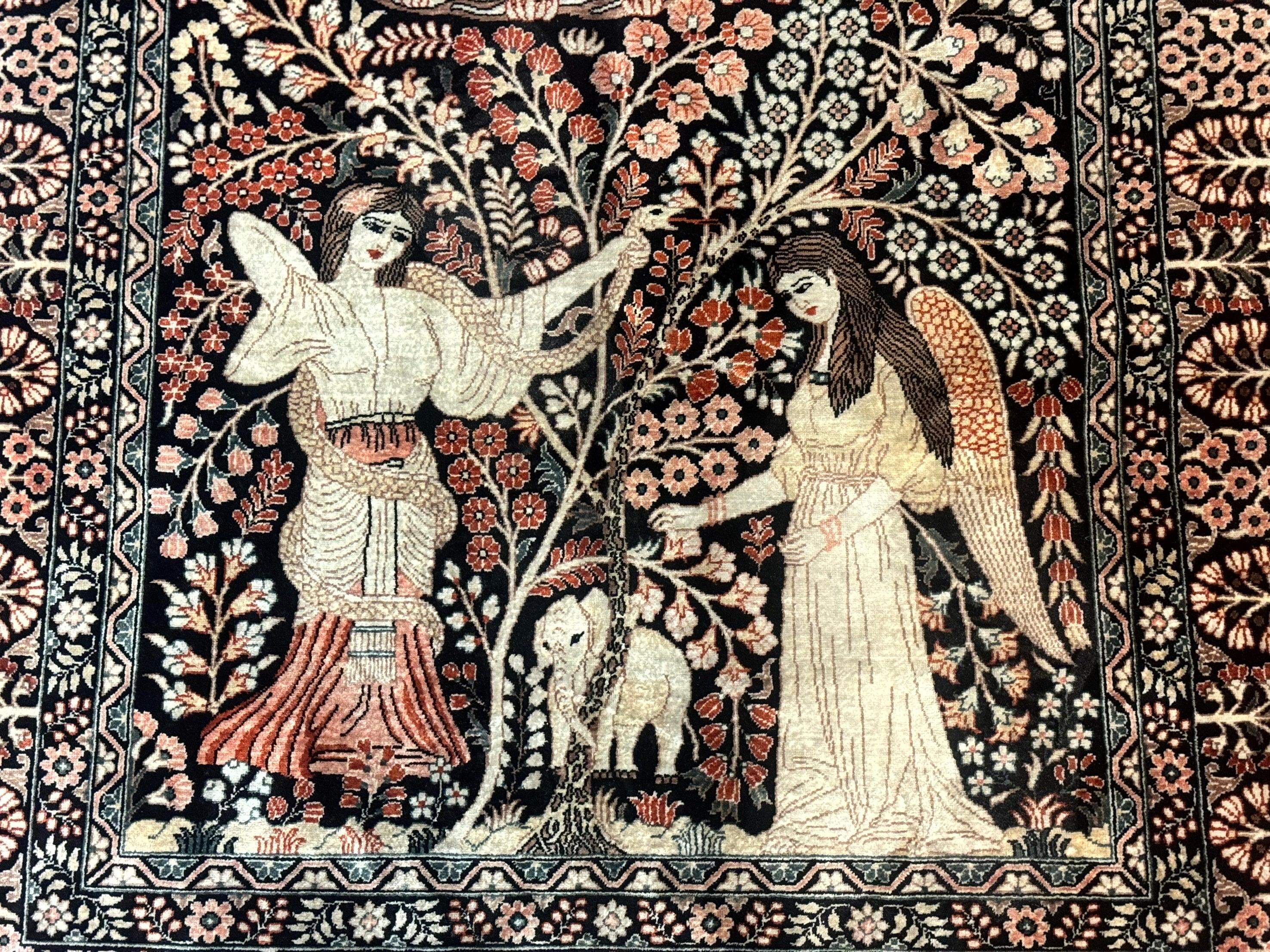 Stunning Sino Persian Pictorial Rug 2.7 x 4, Garden of Eden Adam & Eve Tree of Life Design, Extremely Fine 580 KPSI, Masterpiece