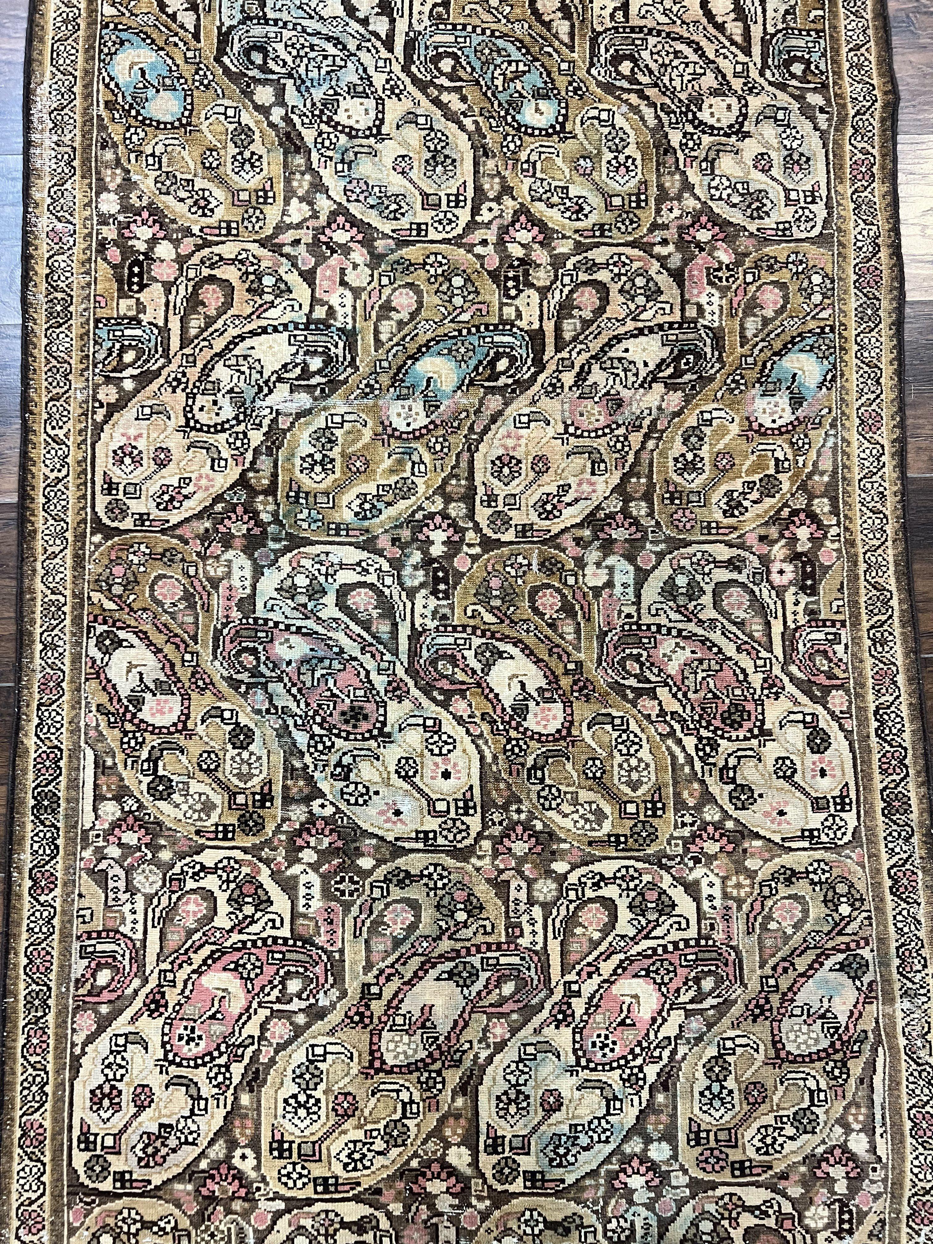 Antique Persian Malayer Runner Rug 3x16, Repeated Boteh Paisley Design, Rare Rug, 1920s Antique Oriental Carpet, Wool Handmade Hand Knotted 3 x 16 ft Rug