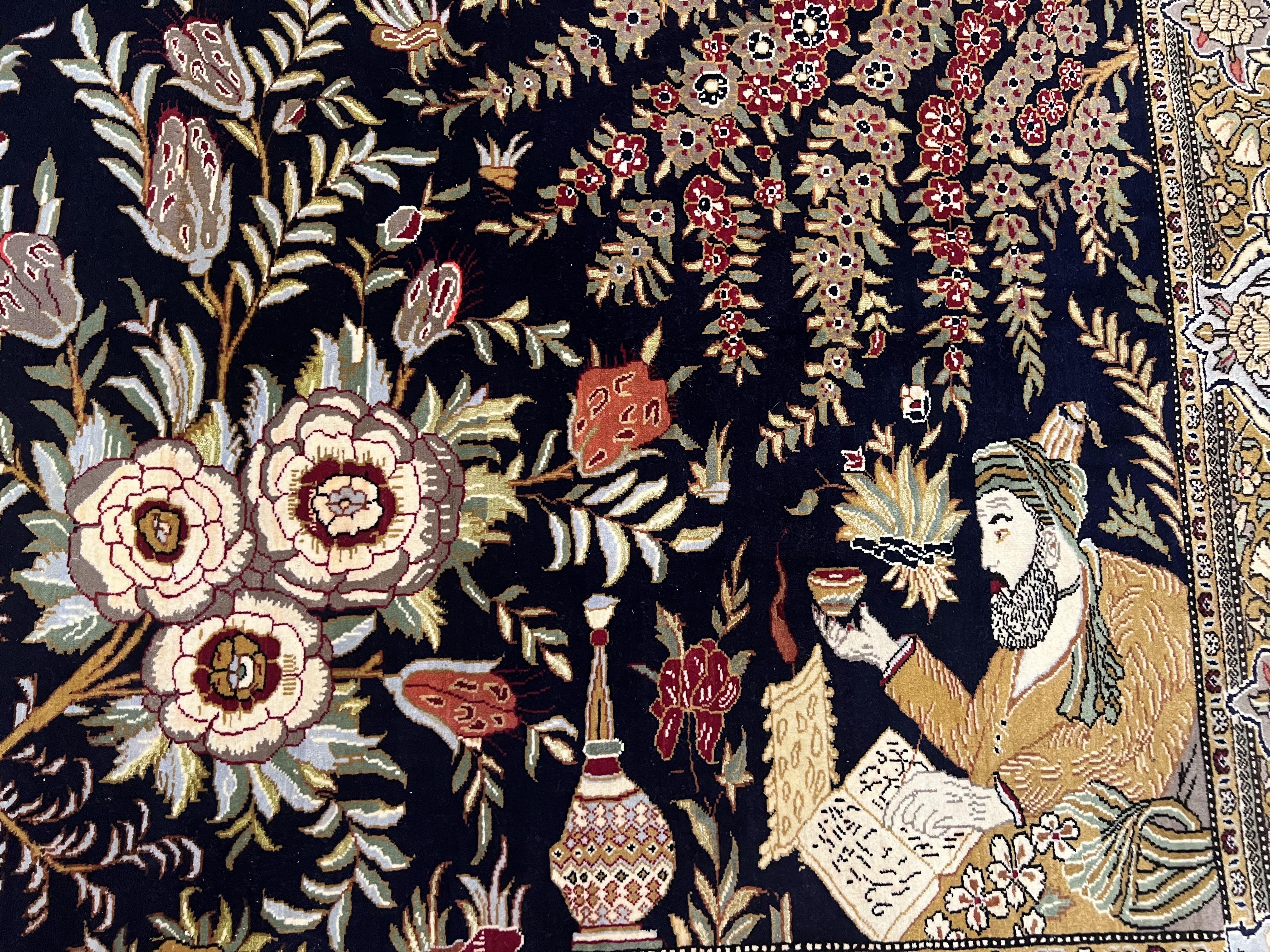 Persian Qum Pictorial Rug 4.8 x 6.5 - Layla & Majnun, Birds