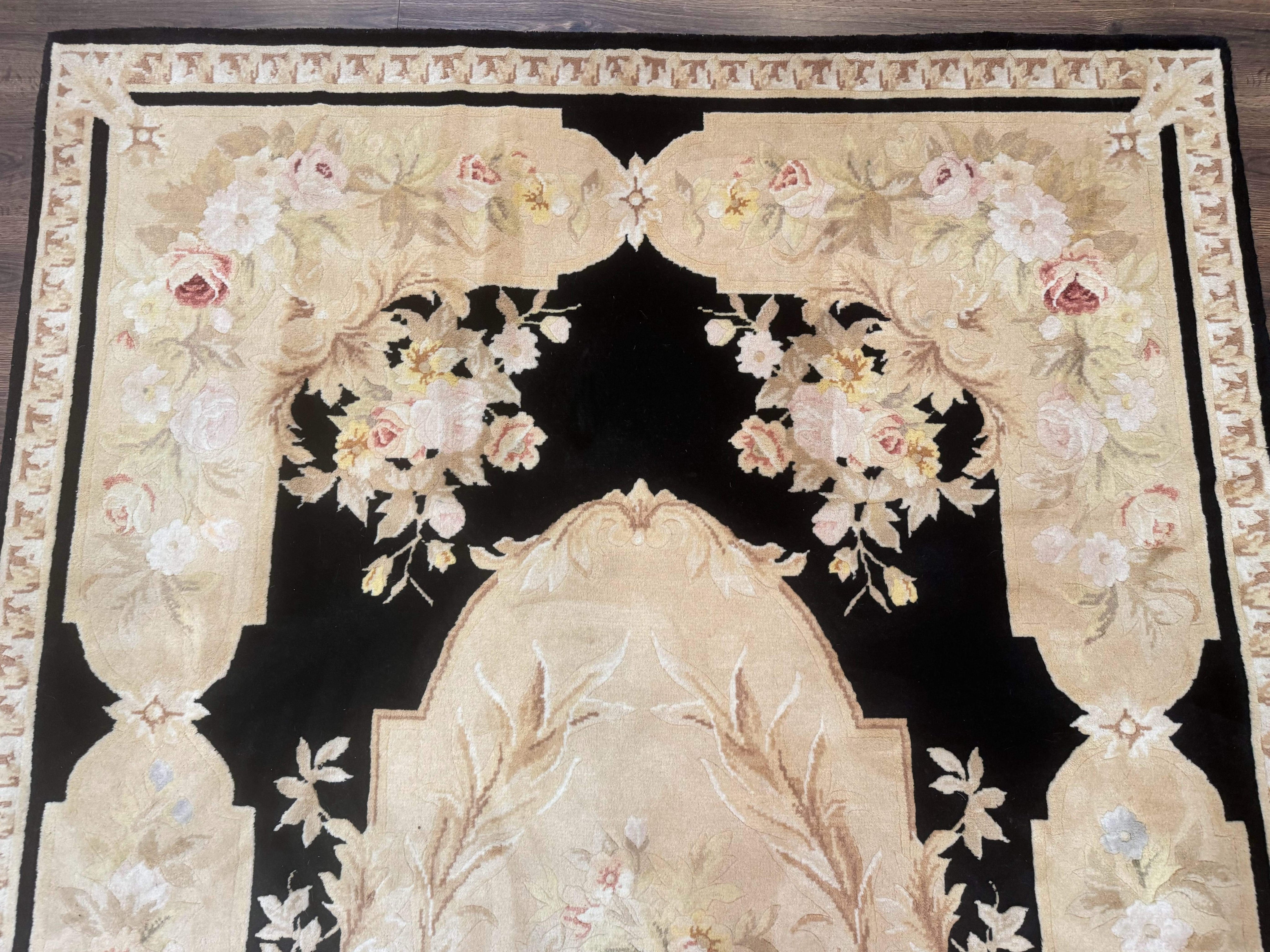 Chinese Aubusson Rug 6x9, Wool Pile, Black, Floral, Elegant