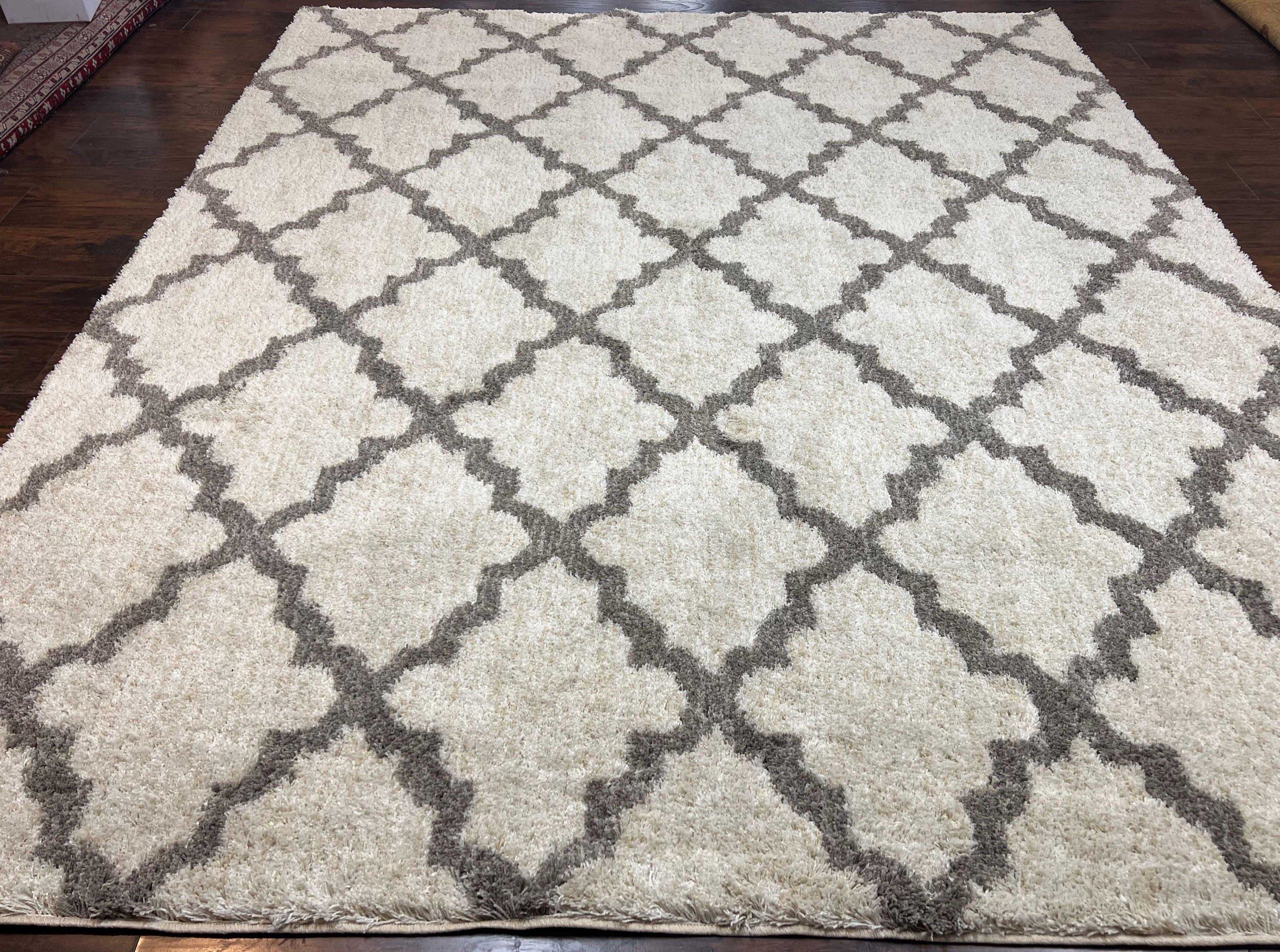 Modern Shag Rug, Ivory and Gray, Diamond Panel Design, Room Sized Area Rug