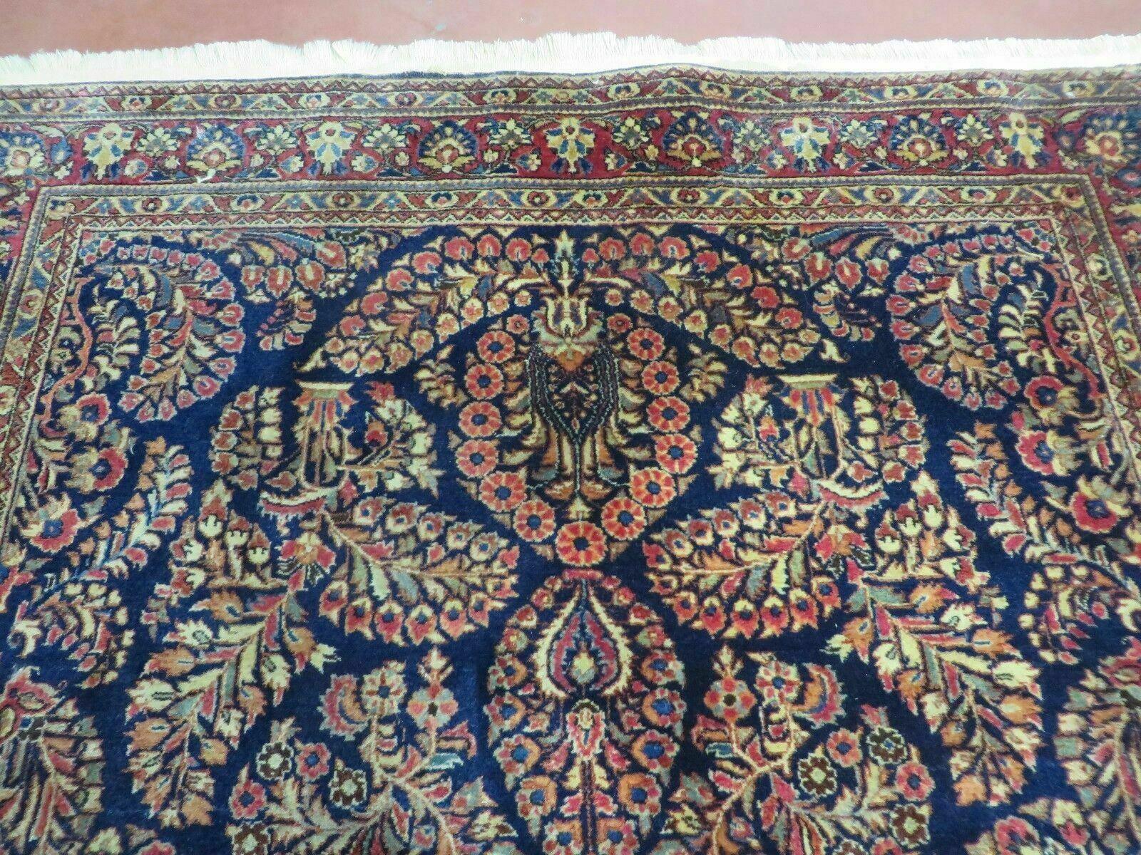 Antique Persian Sarouk Rug 4x6, Hand Knotted 1920s Oriental Carpet 4 x 6 ft, Navy Blue and Red Wool Rug, Handmade Floral Allover Persian Area Rug