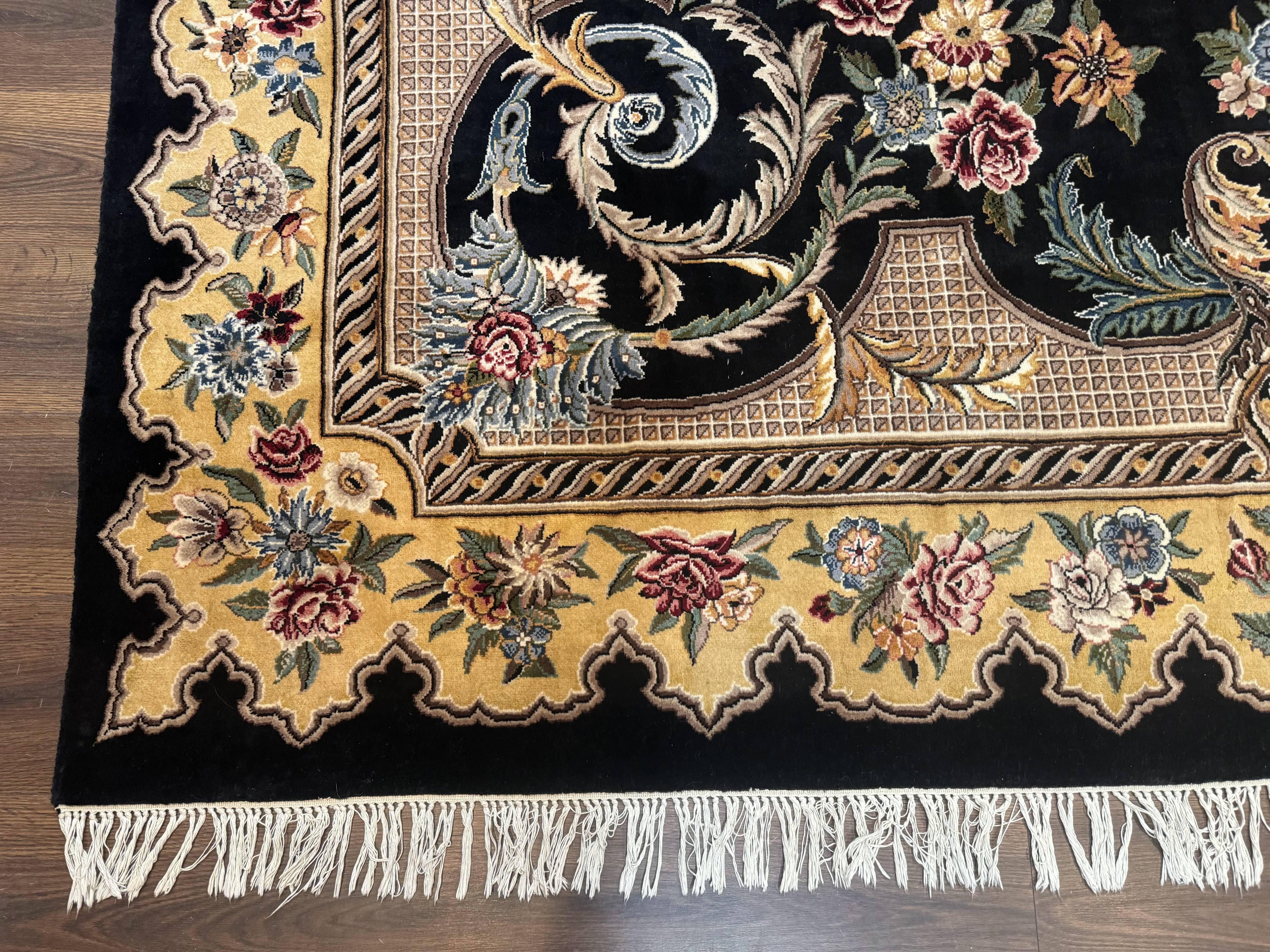 Aubusson Rug 9x12, Black and Beige, Floral, Elegant Handmade French European Design Carpet