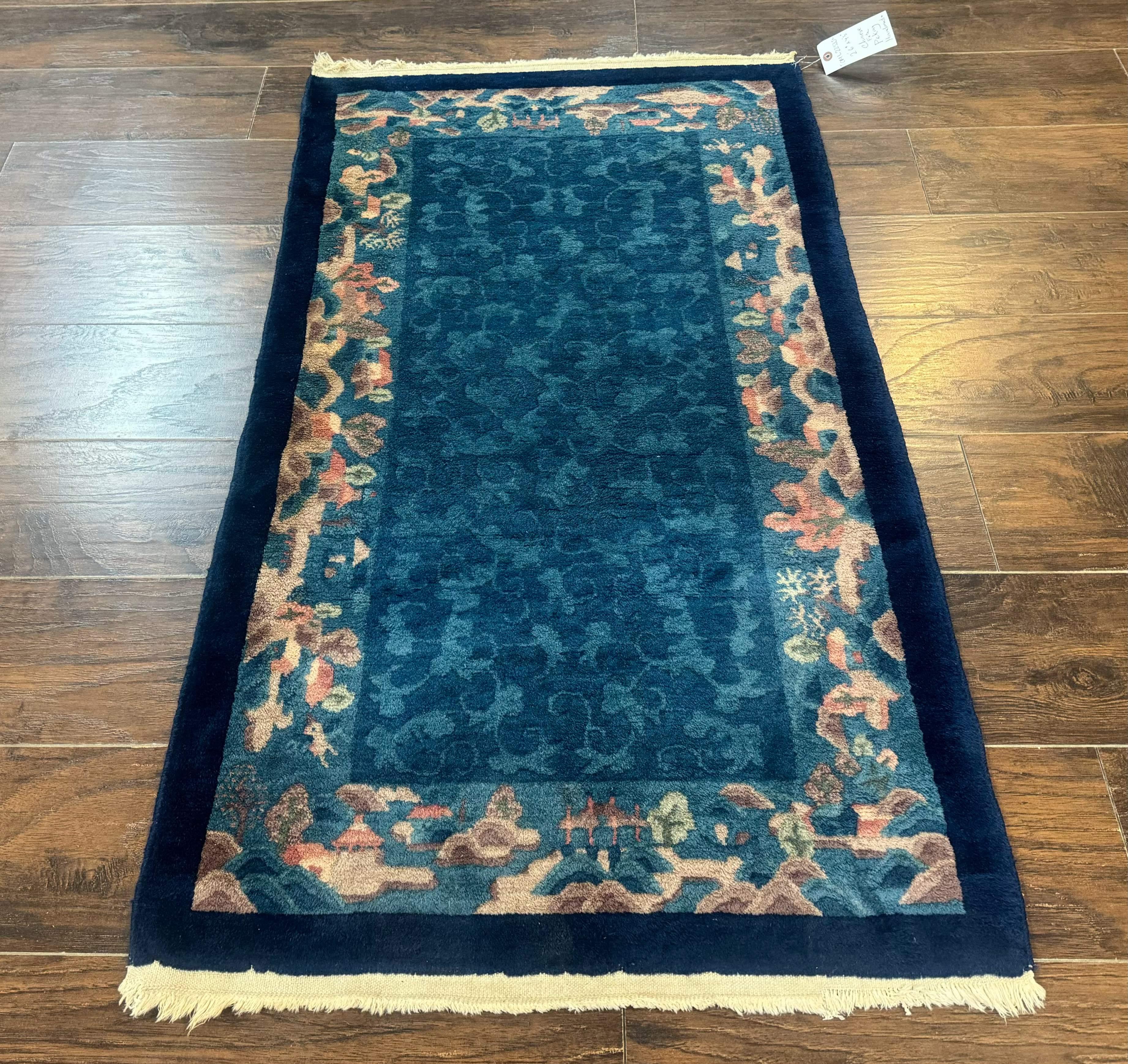 Blue Chinese Wool Rug 2.5 x 4, Peking Rug, Fete Rug, Semi Antique Chinese Carpet