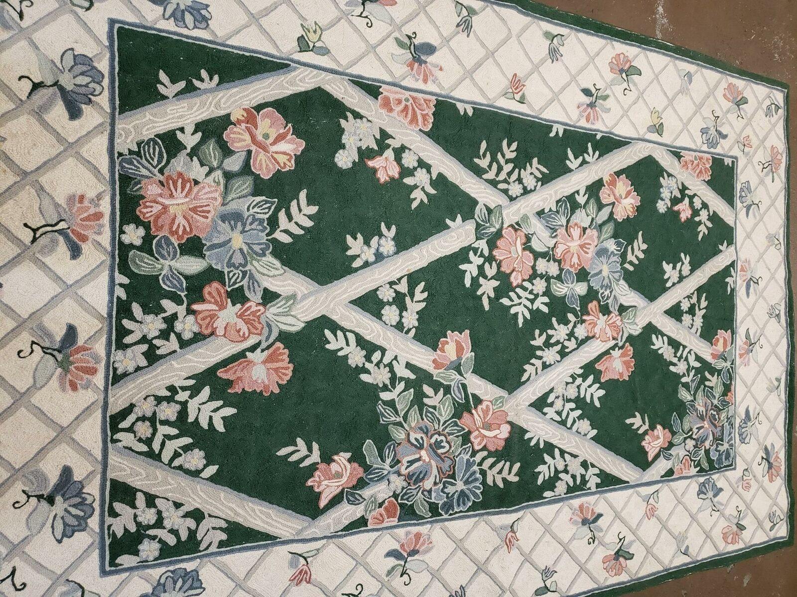 3' 6" X 5' 6" Hand Stitched Indian Wool Rug with Backing Green Beige