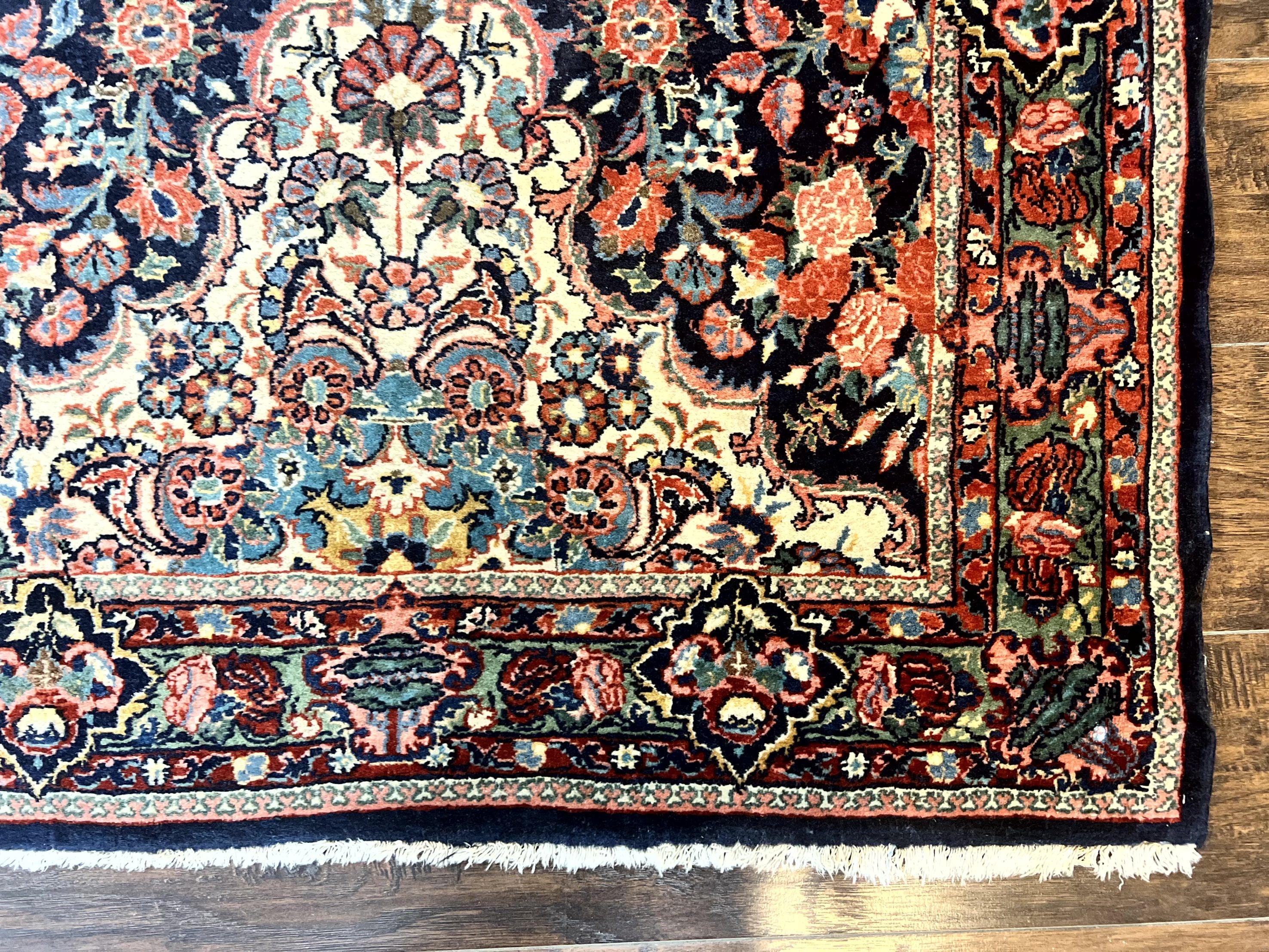 Persian Saoruk Rug 4x5, Navy Blue and Red, Floral, Antique Persian Wool Carpet, Handmade