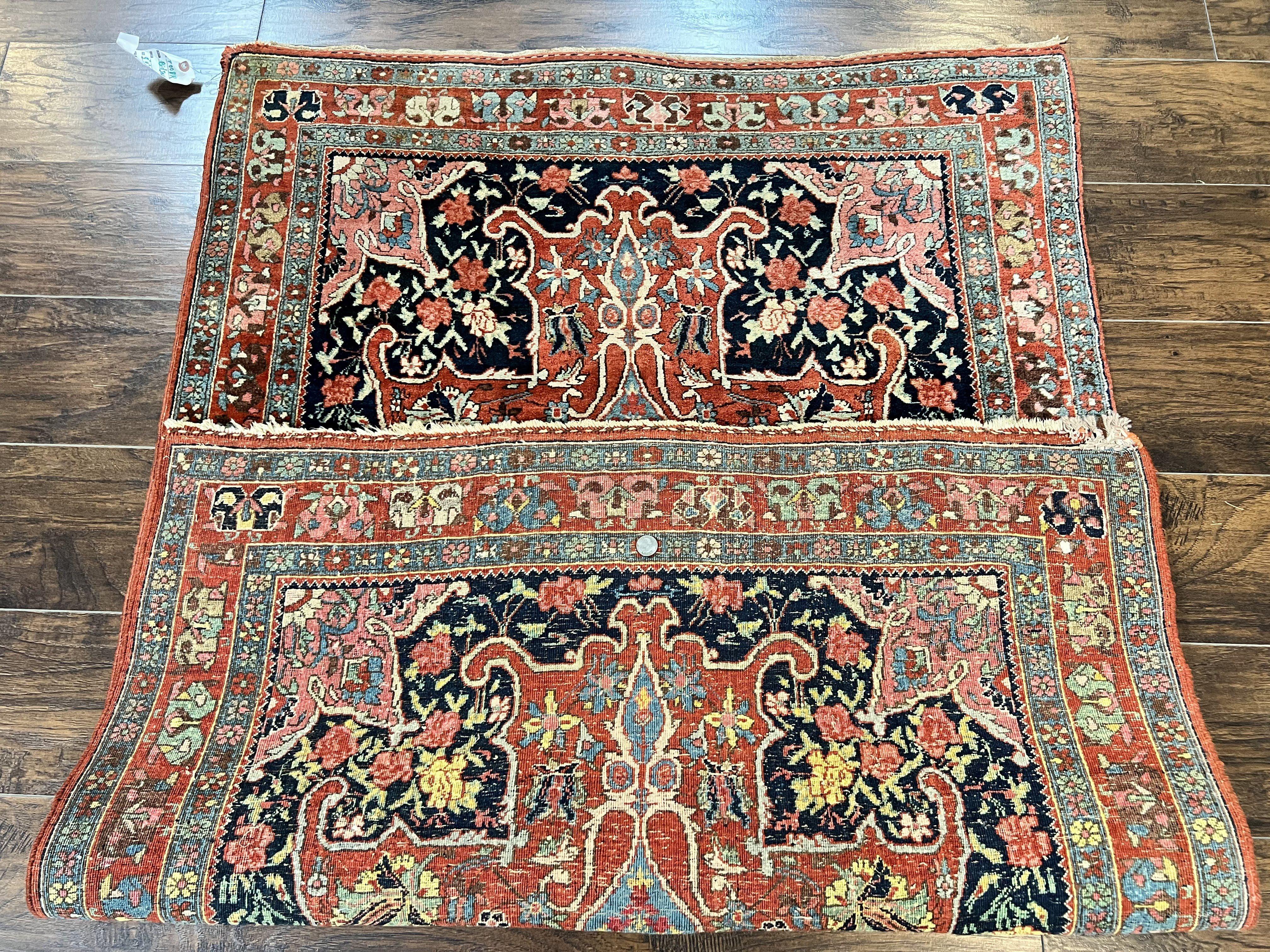 Antique Persian Bidjar Rug 4x5, Red and Blue, Hand Knotted Wool Carpet