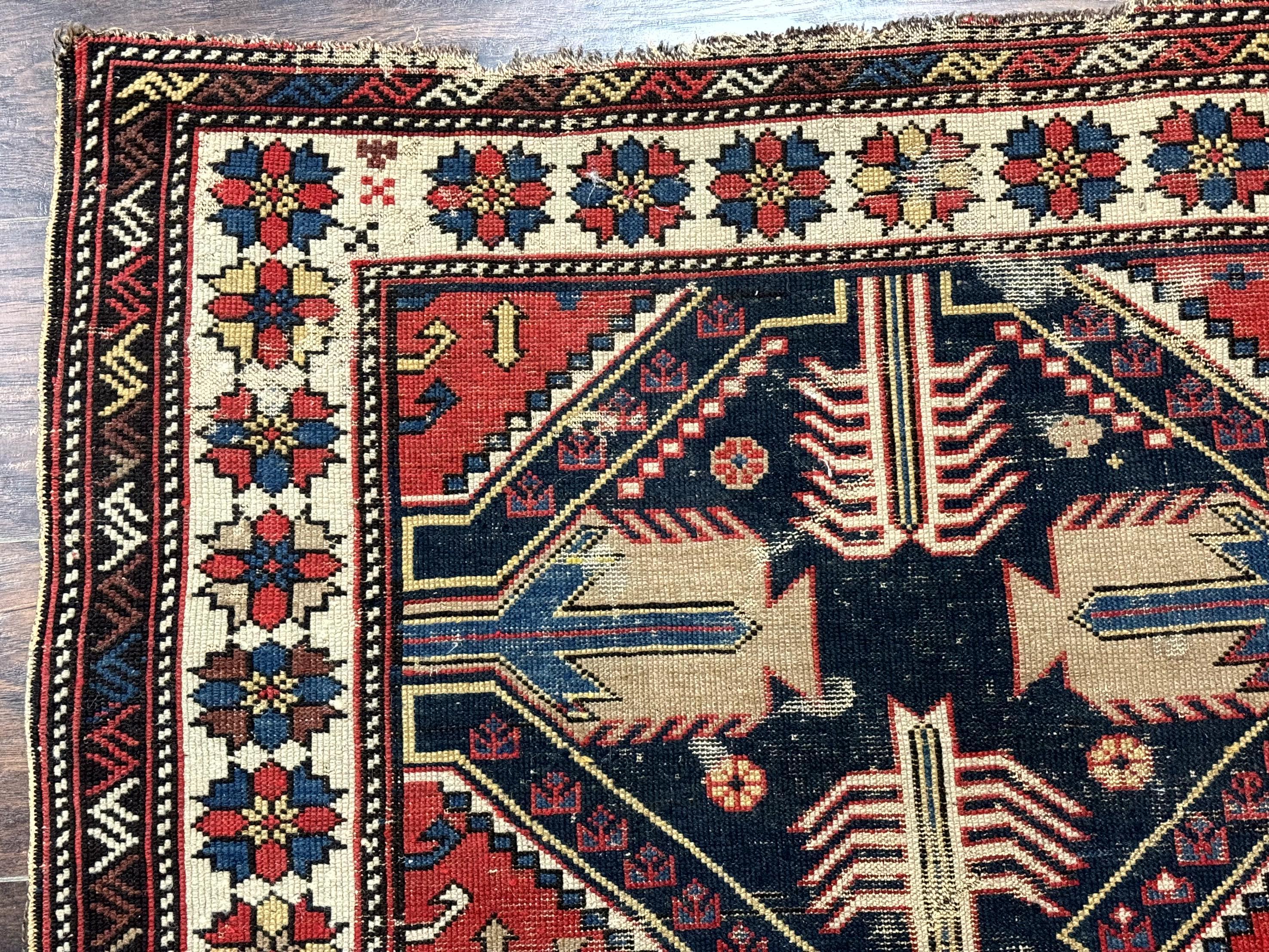 Antique Shirvan Caucasian Rug 3x5, Geometric Pattern, Red Navy Blue Beige