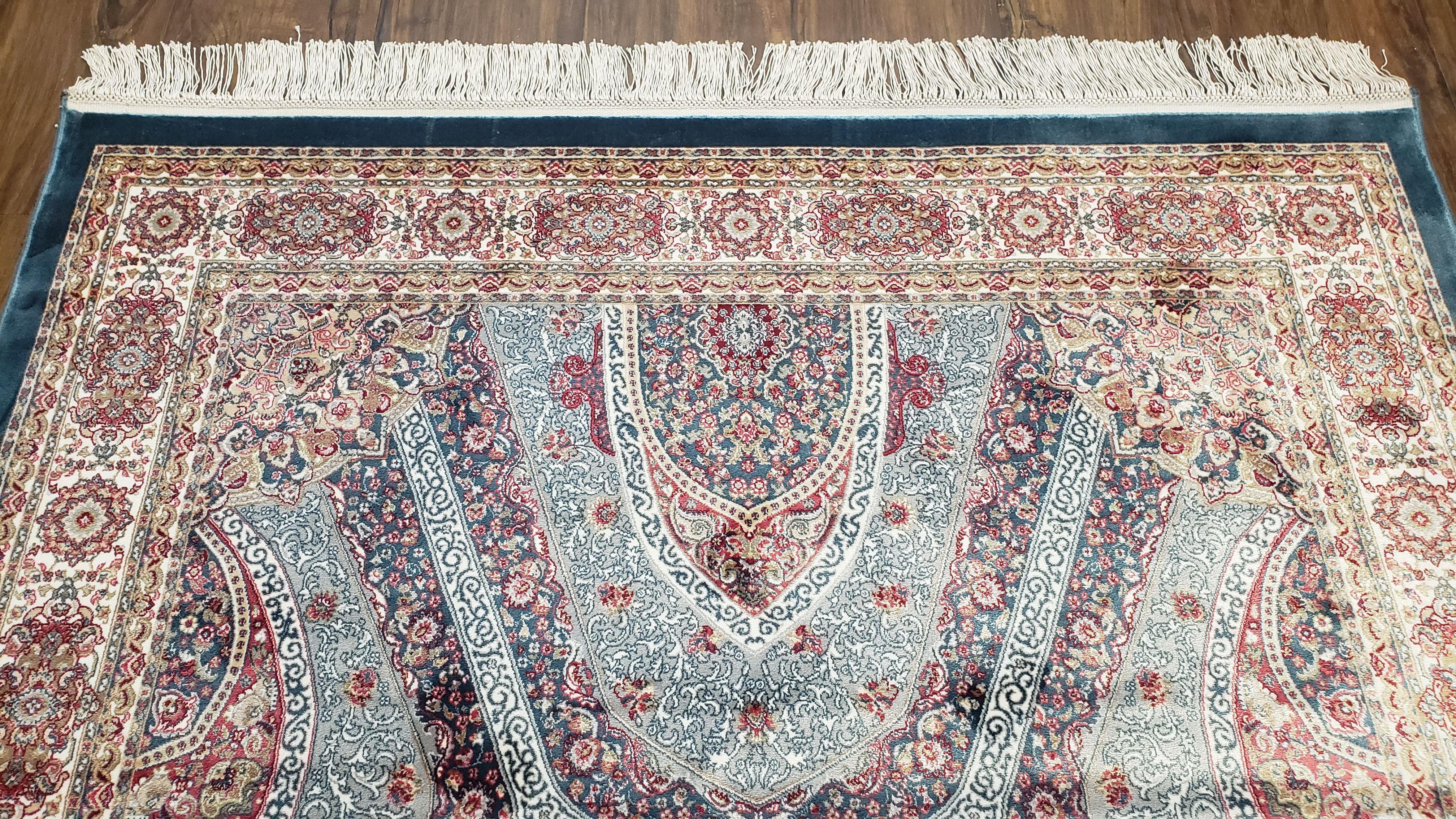 4x6 Silk Carpet, Light Blue & Beige Oriental Rug 4 x 6ft, Traditional Design Medallion All Over, Bamboo Silk, Super Fine, High Quality, Soft