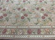 Aubusson Rug 9x12, Pink Beige Light Mauve, Handmade Allover Floral Roses, Wool Flatweave Carpet 9 x 12 ft, European French Design, Elegant