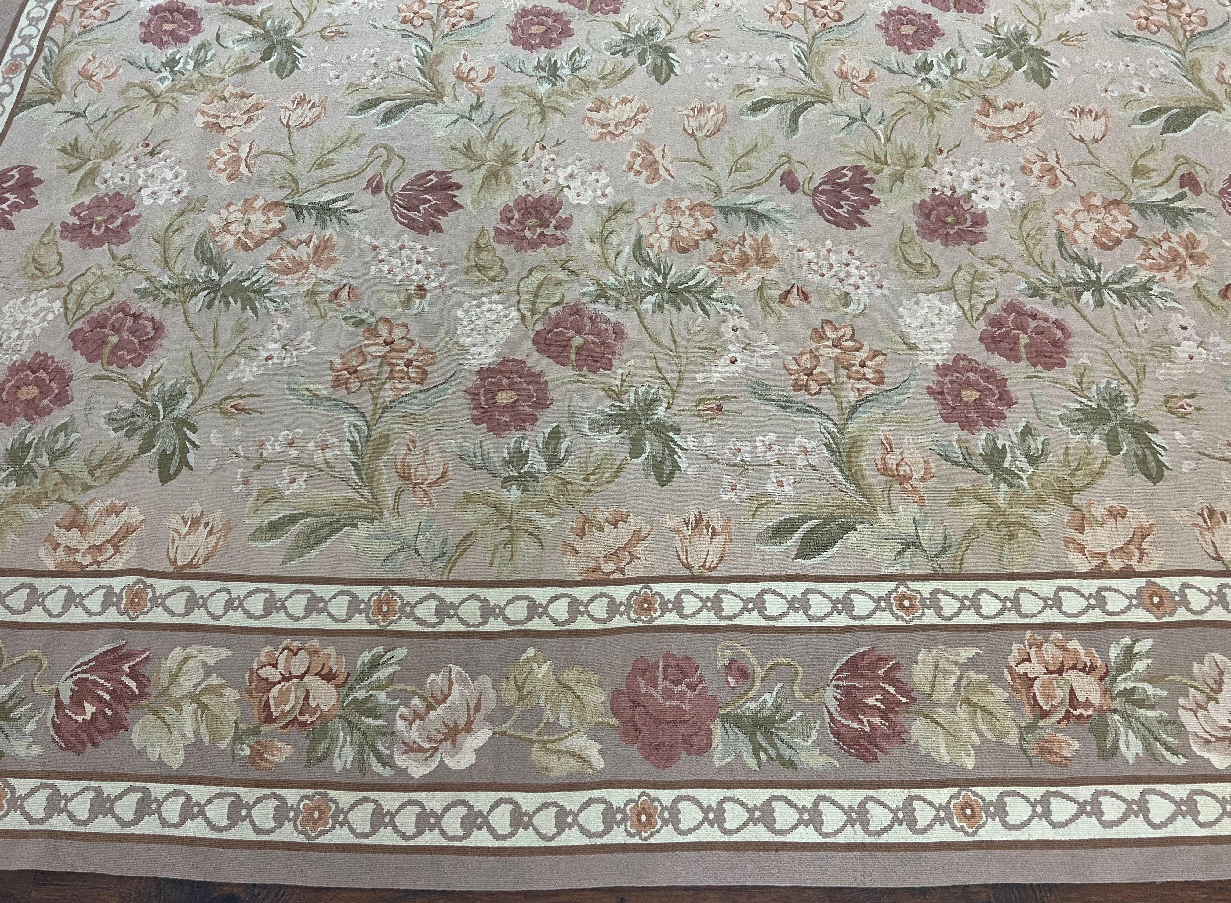 Aubusson Rug 9x12, Pink Beige Light Mauve, Handmade Allover Floral Roses, Wool Flatweave Carpet 9 x 12 ft, European French Design, Elegant