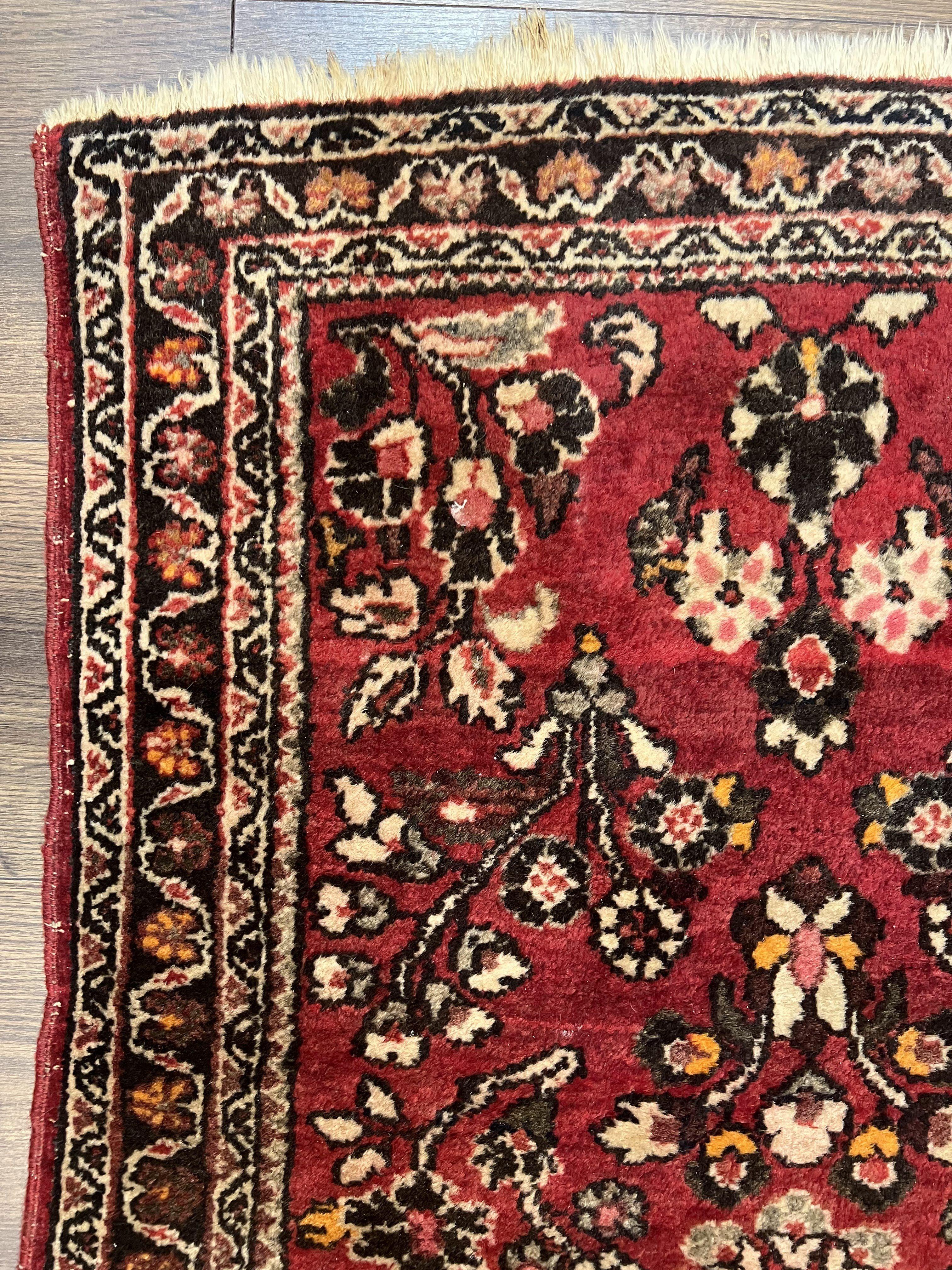 Small Persian Sarouk Rug 2x4 ft, Allover Floral Pattern, Red Black Cream, Hand Knotted Wool Traditional Oriental Carpet, Antique Persian Rug 2 x 4