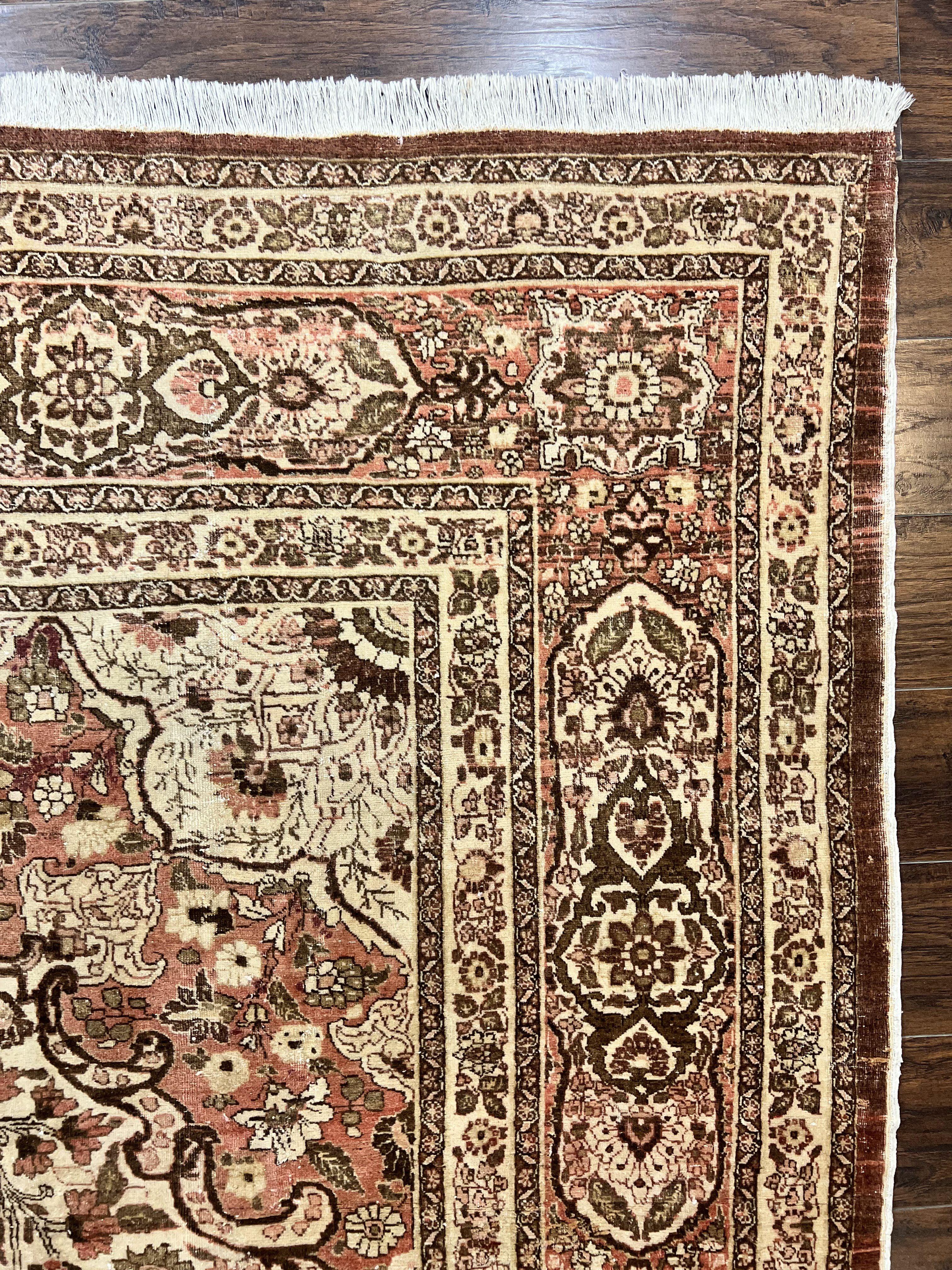 Antique Persian Tabriz Rug 10x12, Wool Hand Knotted Oriental Carpet, Beige Light Red, Floral Medallion