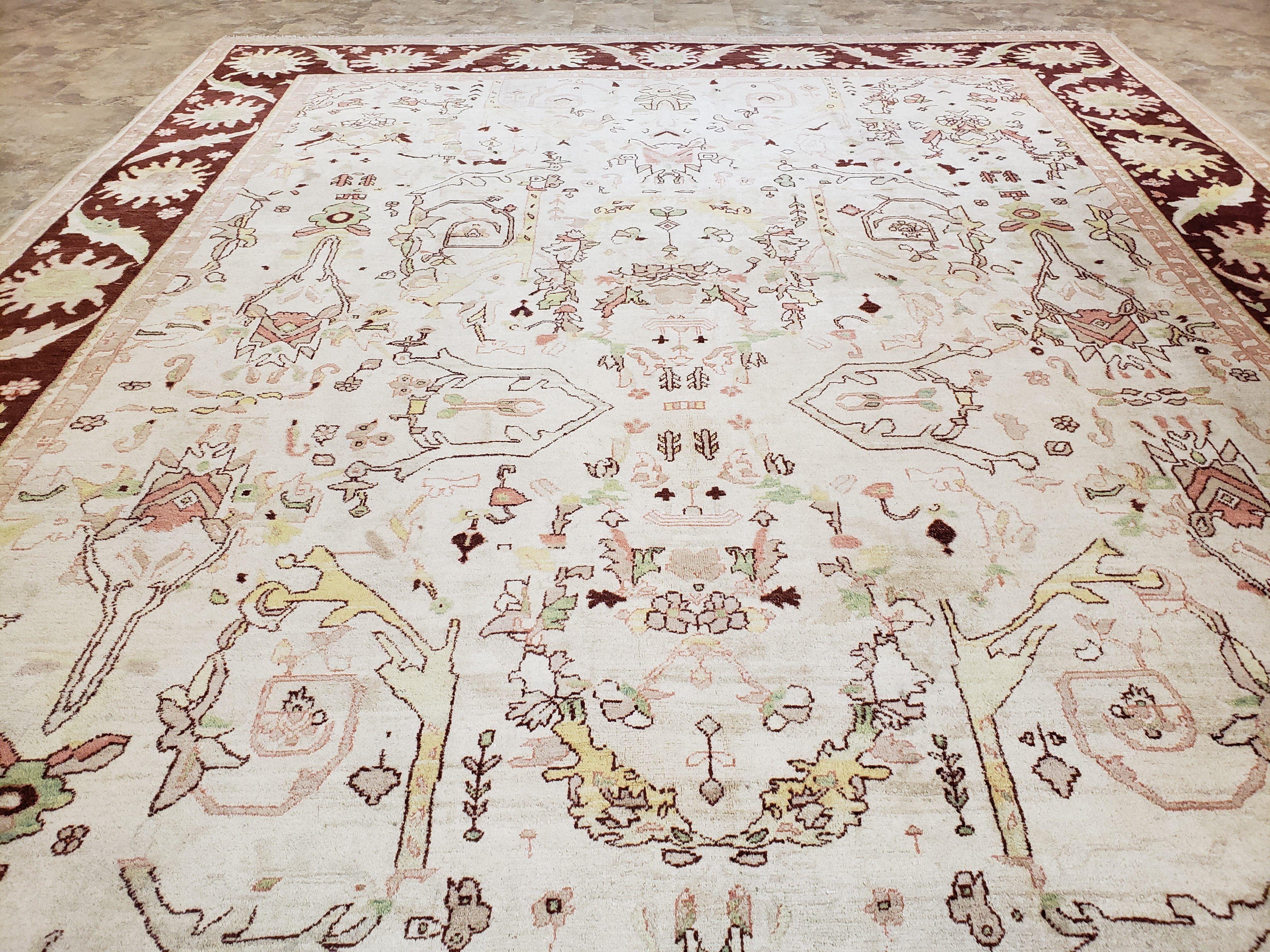 Beige and Maroon Peshawar Rug 10x15, Large Oushak Carpet, Pakistani Rug, Handmade Area Rug, Hand Knotted Rug, Living Room Rug, Nice Wool Rug