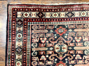 Persian Wide Runner Rug 4.8 x 10, Persian Kalegi Ardabil Rug, Perpedil Caucasian Rug, Antique Handmade Wool Carpet, Navy Blue Red, Tribal Rug