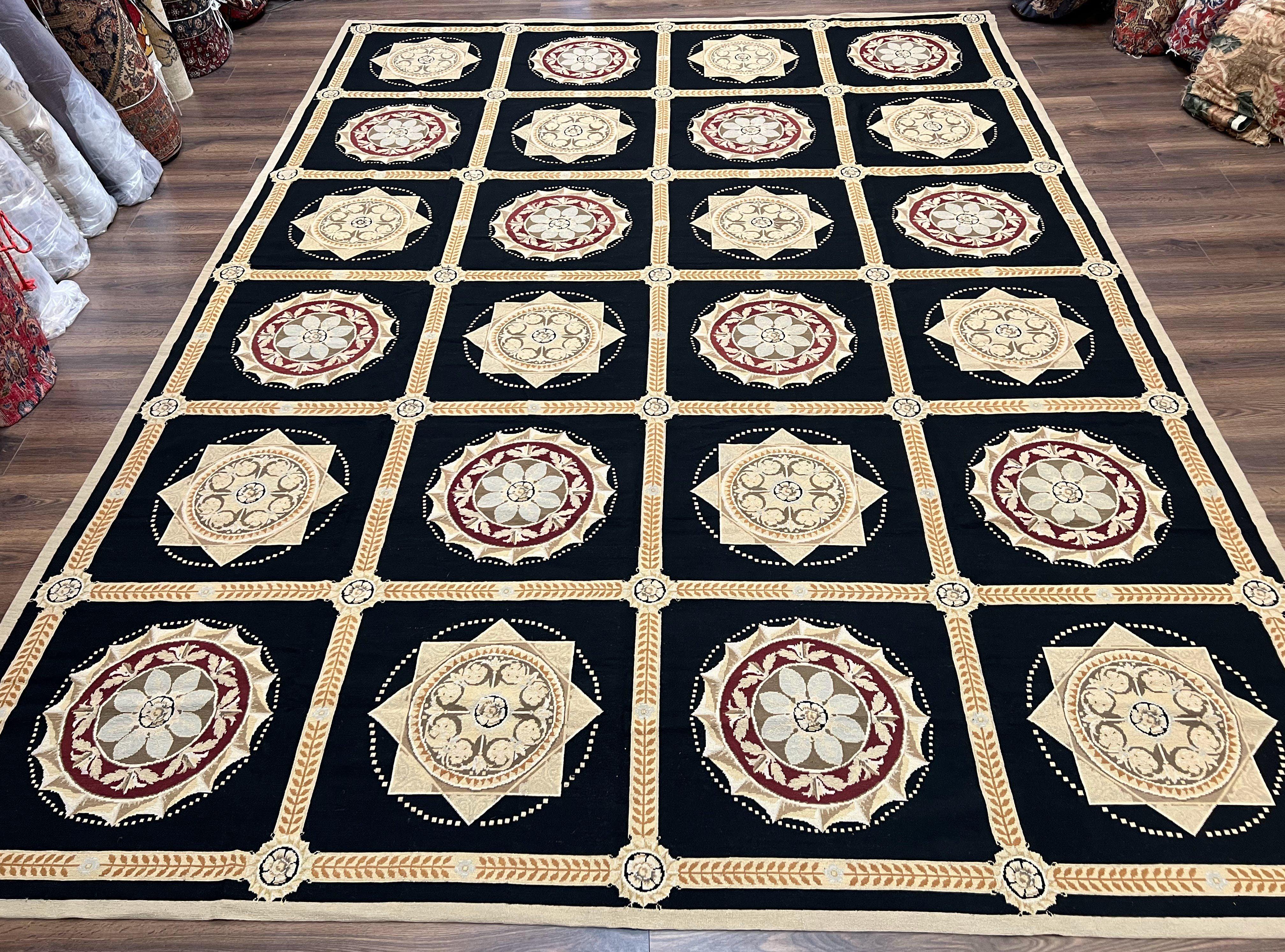 Large Needlepoint Rug 10x13, Panel Design, Black and Beige, Wool Needlepoint Carpet 10 x 13, English Garden, Handwoven Area Rug, Living Room