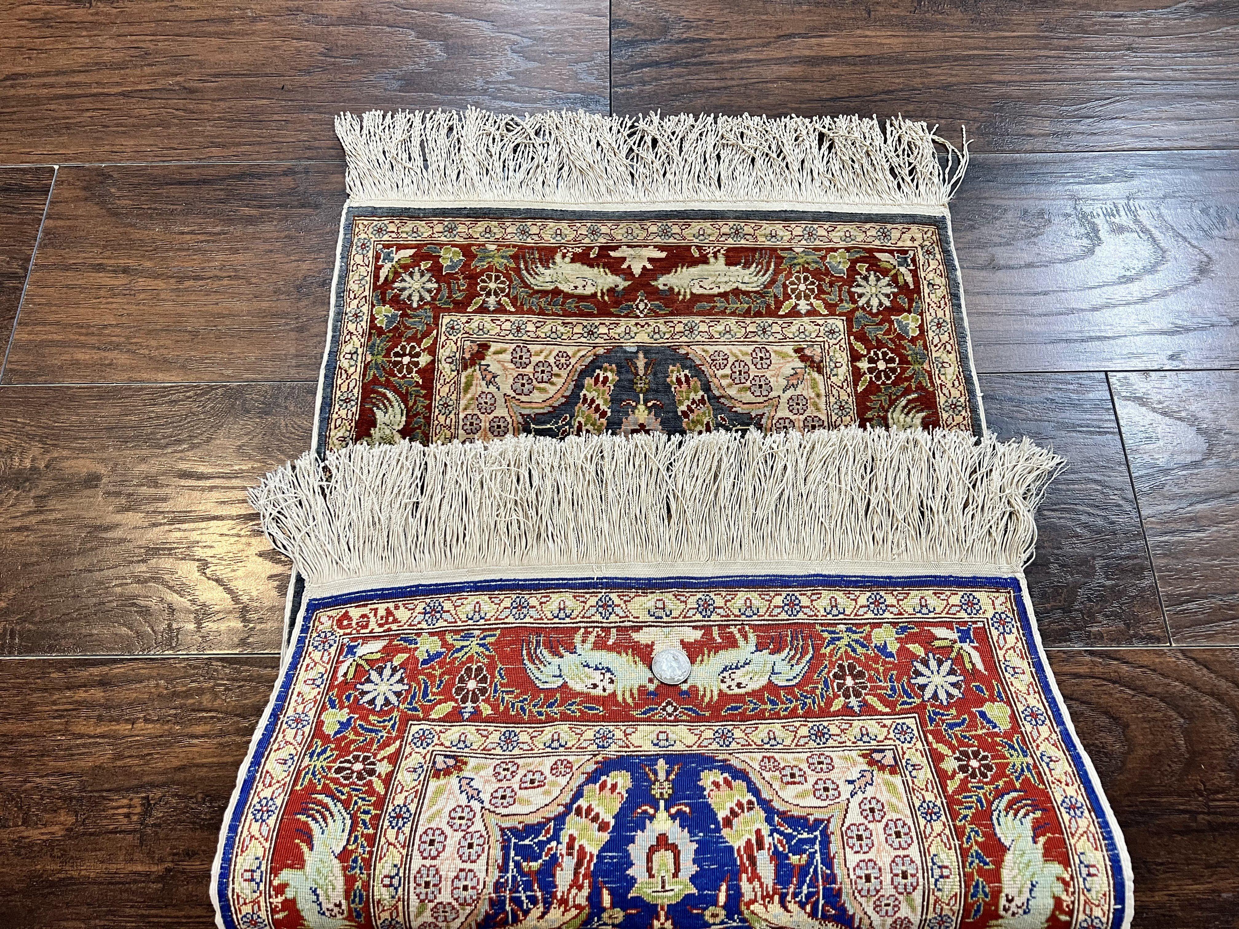 Silk Turkish Hereke Rug 2x3, Peacocks Birds, Signature from Master Weaver, Super Finely Hand Knotted 550 KPSI, Animal Pictorials