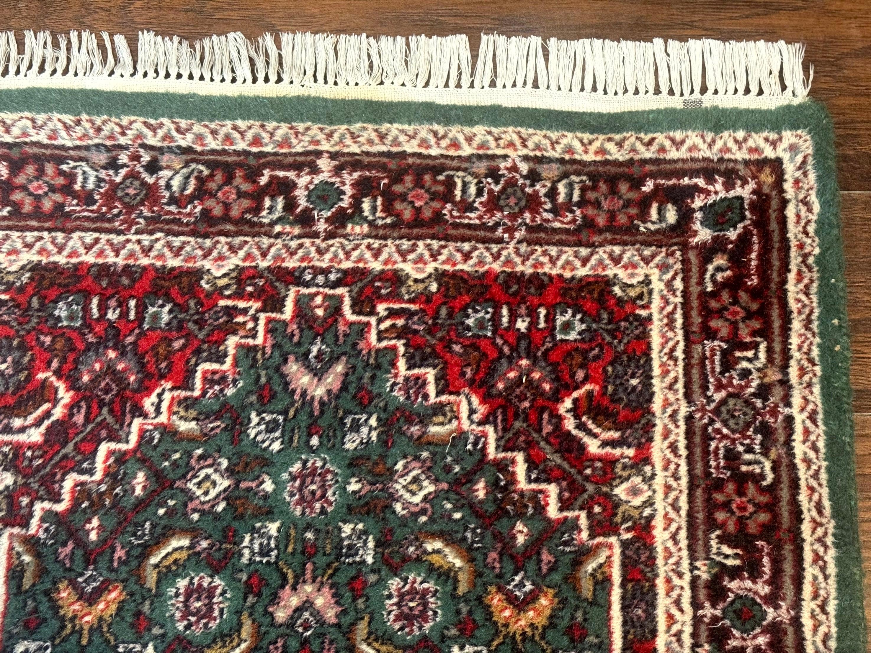 Green Indo Persian Bidjar Runner Rug 3x10, Green and Red